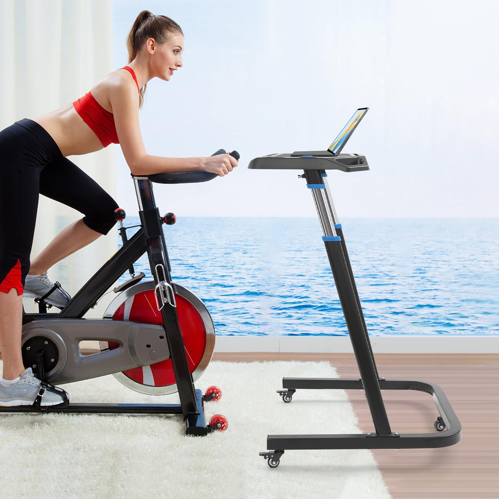 Bureau pour vélo et ordinateur avec roues d’entraînement, 82–120 cm Hauteur réglable, tapis de marche, bureau tapis roulant, tapis roulant debout, vélo d’entraînement, table de fitness