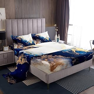 Erosebridal Blue White Golden Marble Bed Sheets Set Queen,Retro Marble Texture Sheet Set for Boys Girls,Colorful Marble Sheets,Abstract Artwork Flat Fitted Sheet with 2 Pillow Shams