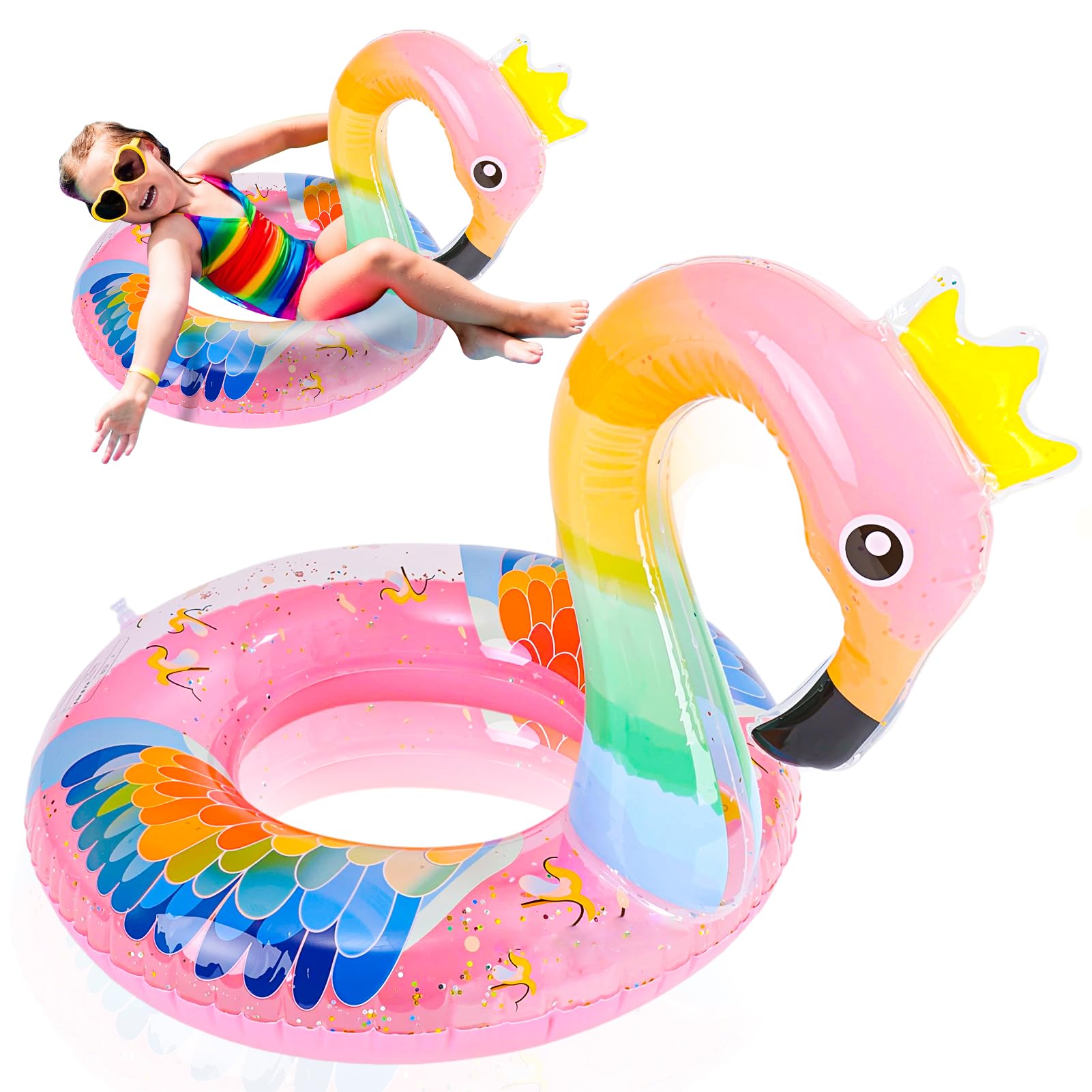 Zuimei Flamingos Inflatable Pool Floats for Kids, PVC Float Inflatable Swimming Rings with Glitter Swimming Pool Toy Rubber Ring for Summer Pools Water Party, Pink (5-9 Years Old) — image 1