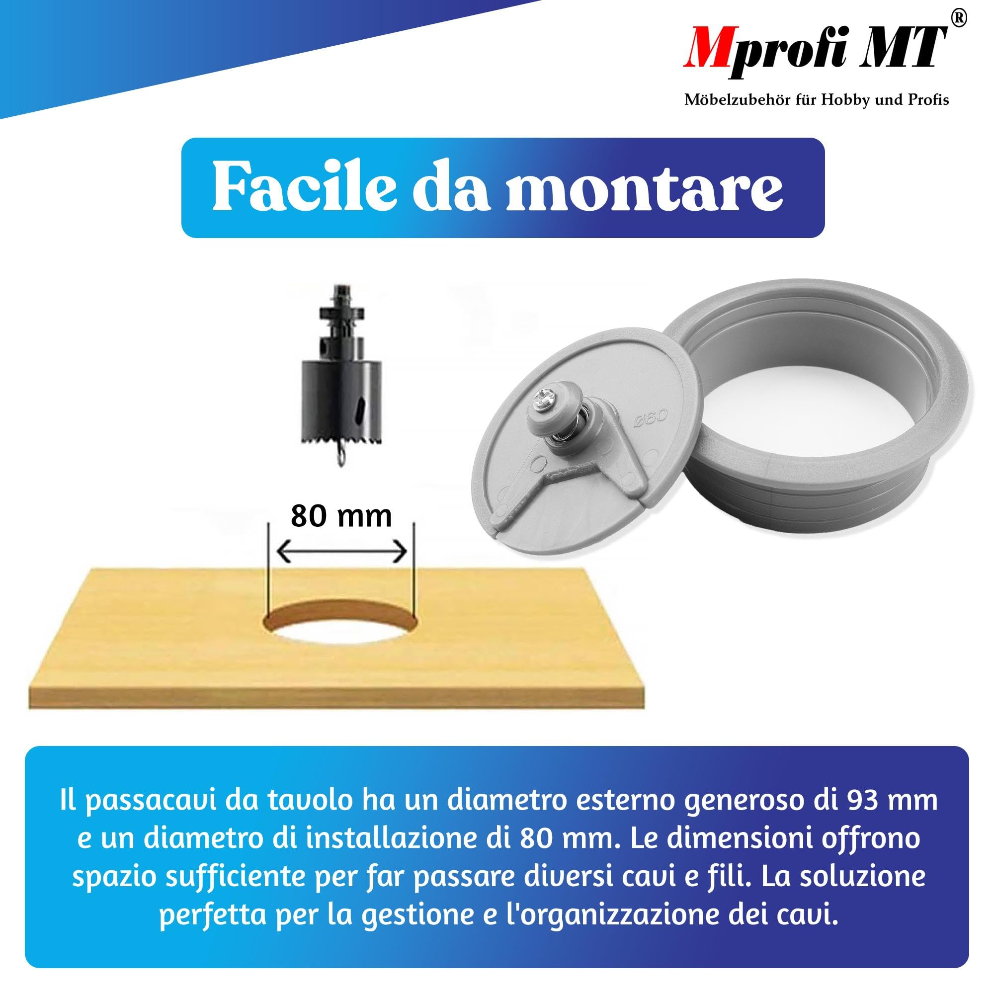 Mprofi MT® 2 Pezzi | Passacavi per Scrivania Argento Ø80mm | Organizzatore per Mobili per Ufficio | Passacavi in Plastica | Organizzatore per Scrivania | Scatola Cavi | Tappo Passacavi Per Scrivania