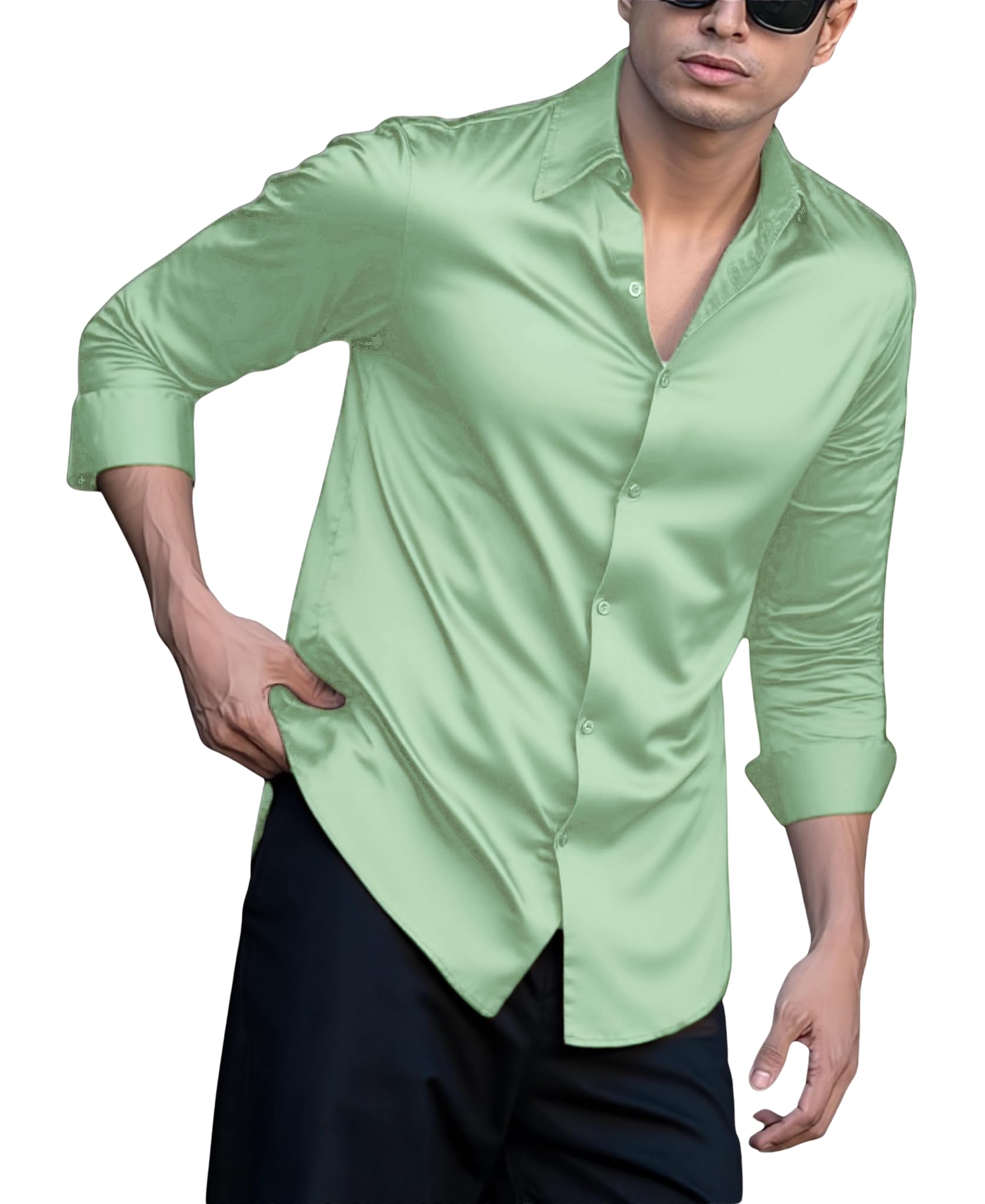 indoprimo Men's Casual Button Down Long Sleeve Satin Plain Shirt-picture-31