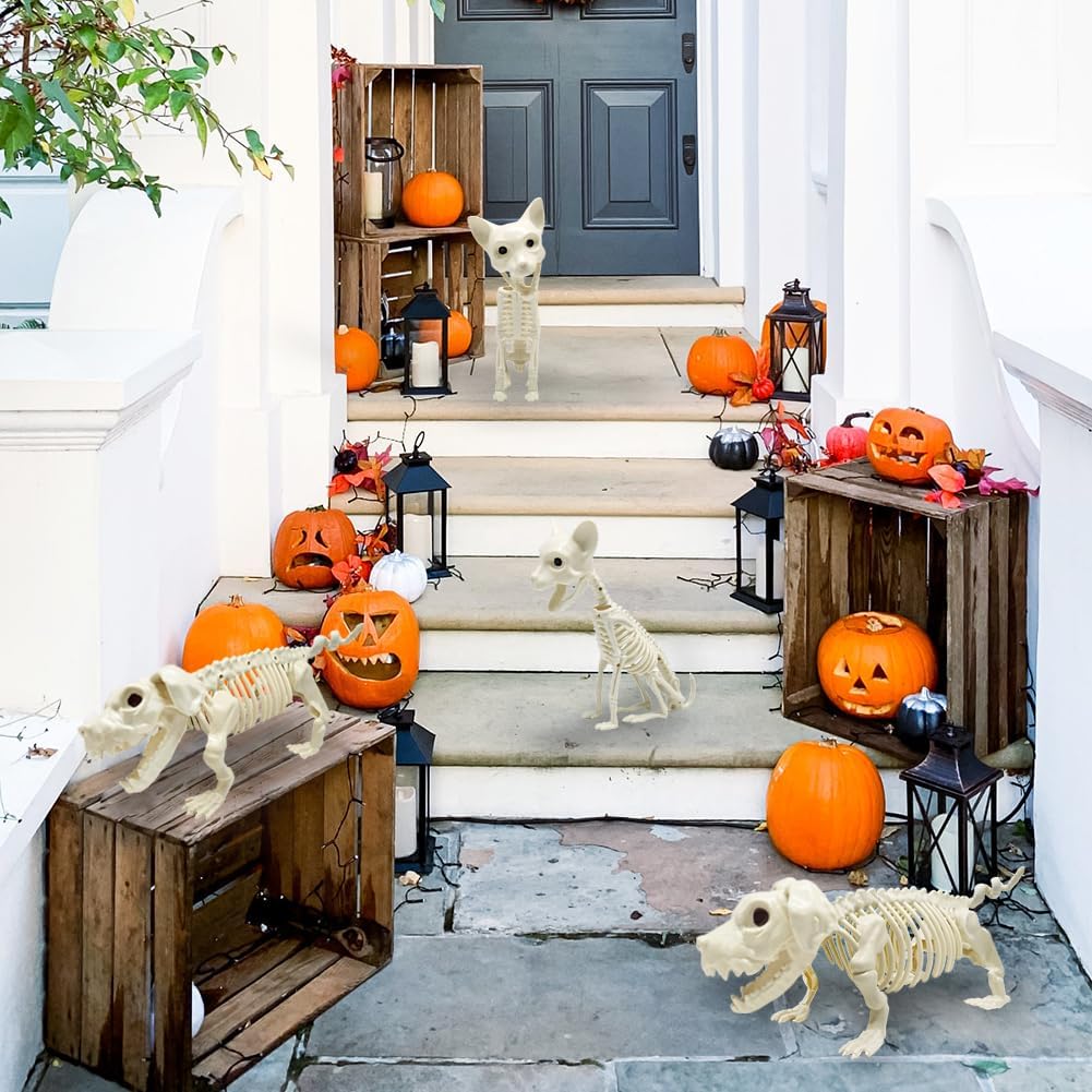 Halloween Animal Skeletons, Cats and Dogs Pose-N-Stay Plastic Skeletons for Yard Garden Lawn Patio Halloween Party Favors Decor