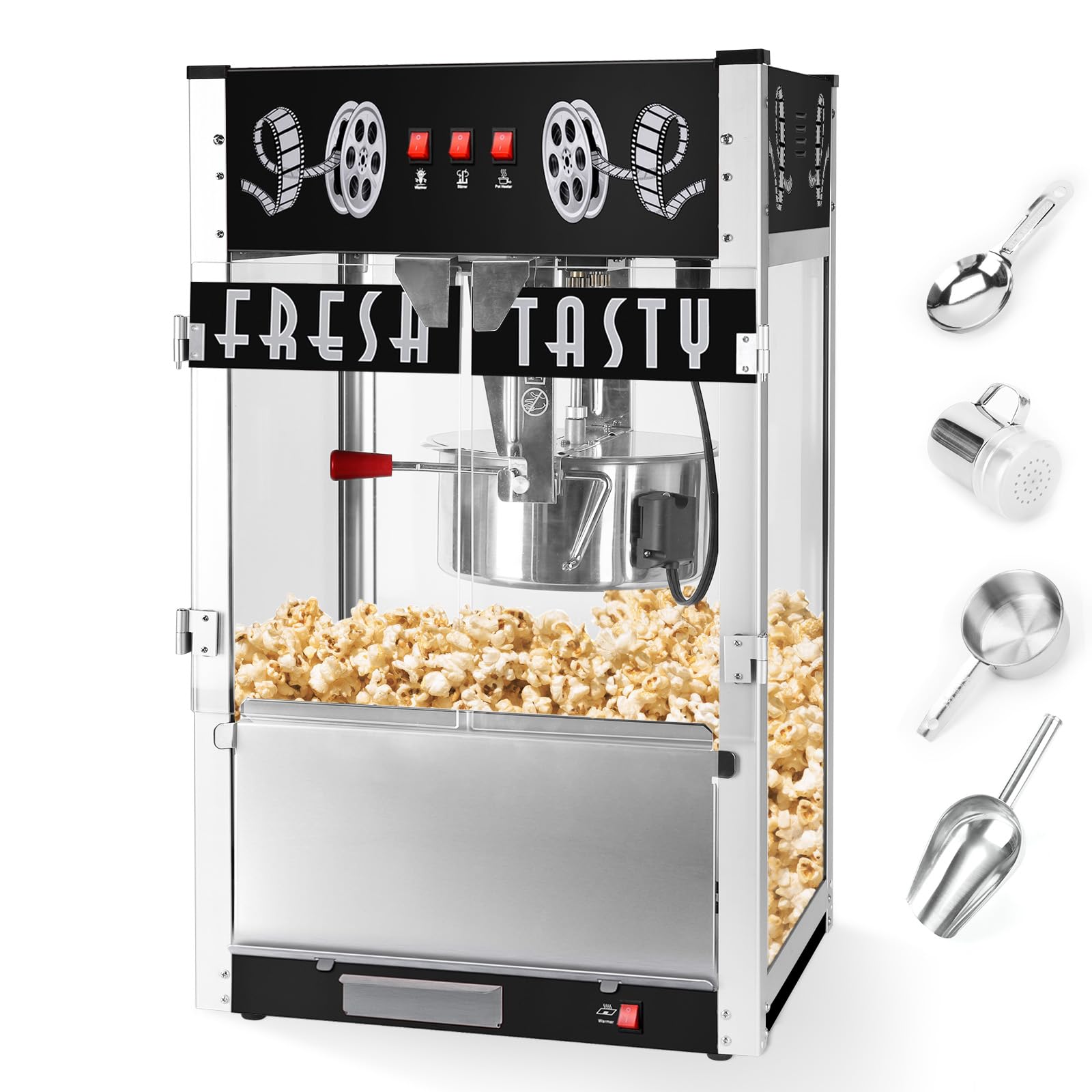 Commercial Popcorn Machine, 30 Oz Kettle, 1600 W, Black Tabletop Popcorn Maker with 3-Switch Control, for Home, Theater, Parties, Black