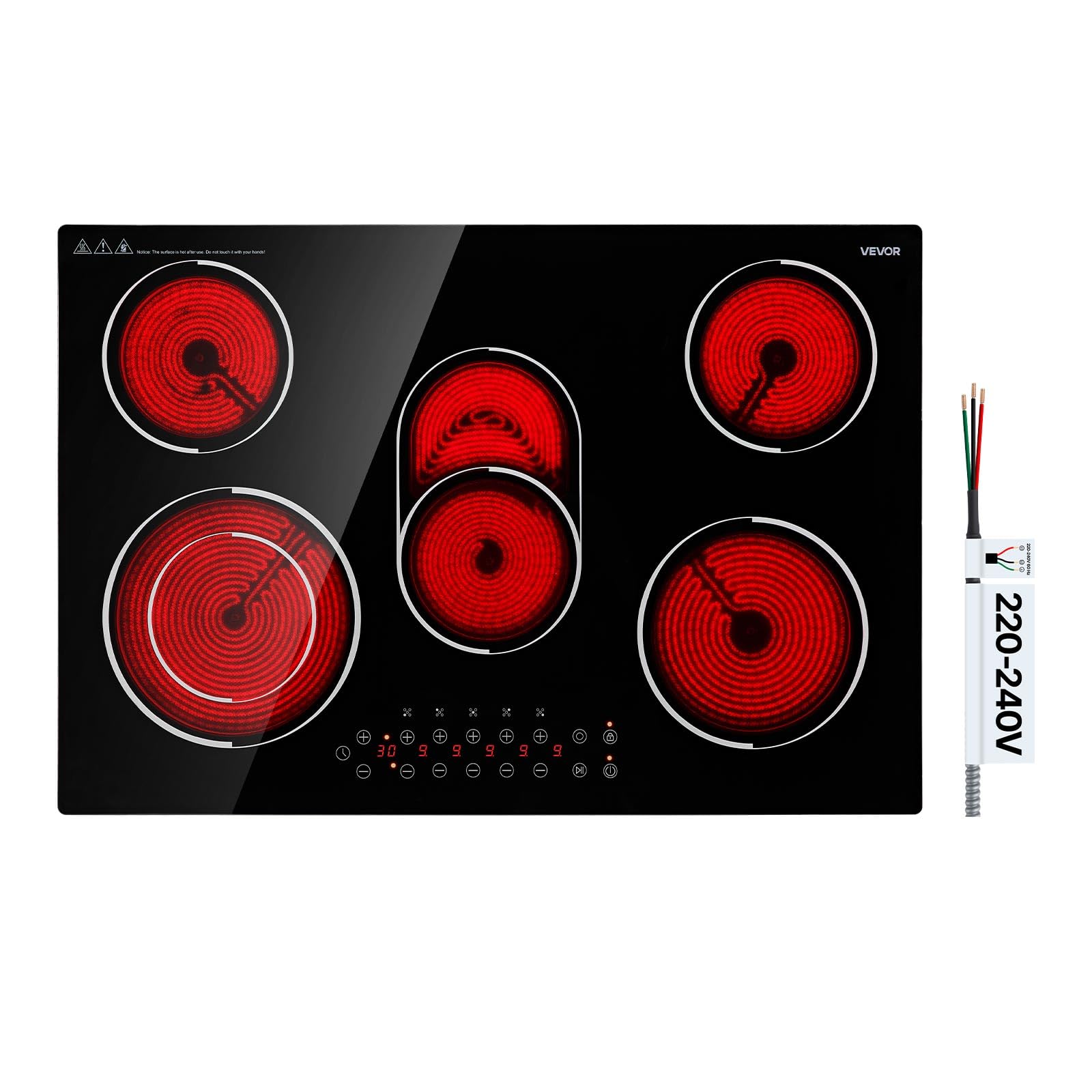 VEVOR Built-in Electric Cooktop, Ceramic Glass Radiant Stove, Touch Control, 9 Power Levels, Timer, Child Lock, Smooth Ceramic Surface, 30in, 5 Burners, 8900W, 220V
