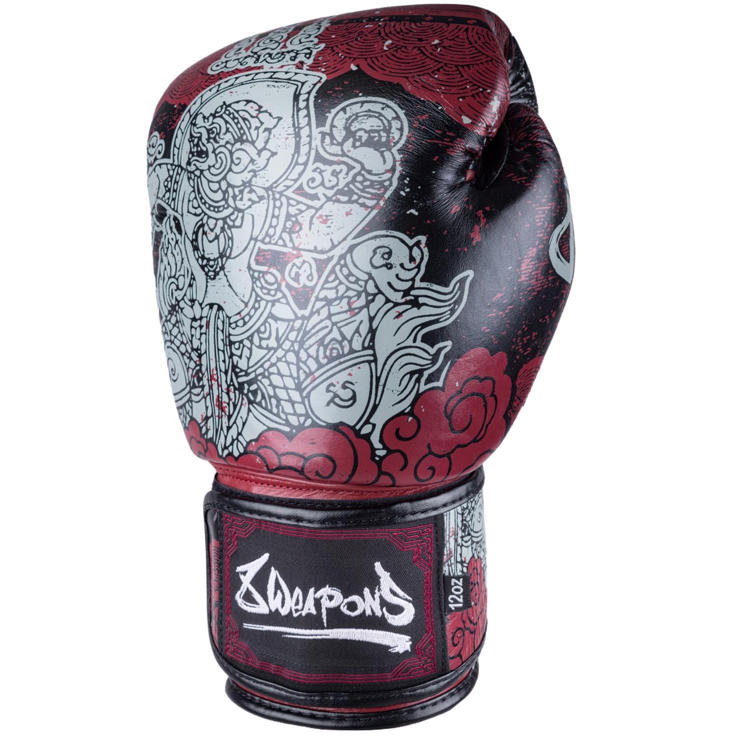 8 WEAPONS Boxhandschuhe Hanuman Yant, Schwarz-rot, Training, Sparring & Wettkampf, Leder, Perfekte Dämpfung & stabile Nähte, Handschuhe für Muay Thai, K1, Boxen, MMA und Kickboxen