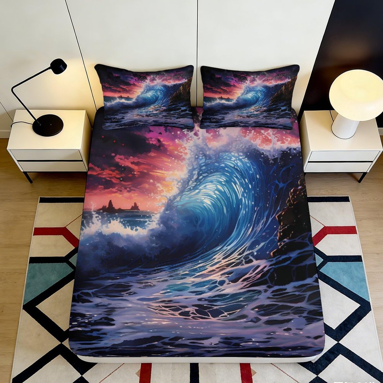 Pnayamiorkfel Style-10 3D Printed Ocean Wave Sunset Fitted Sheet Microfiber Artistic Bed Cover For Bedroom Guest Room Mattress Protection 90X200x25cm