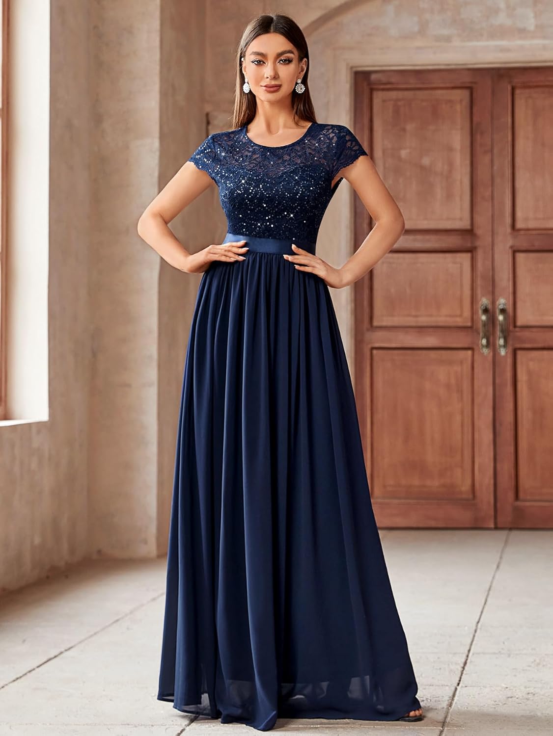 Miusol Women's Classy Scoop Neck Sequin Lace Contrast Bridesmaid Party Maxi Dress - Image 3