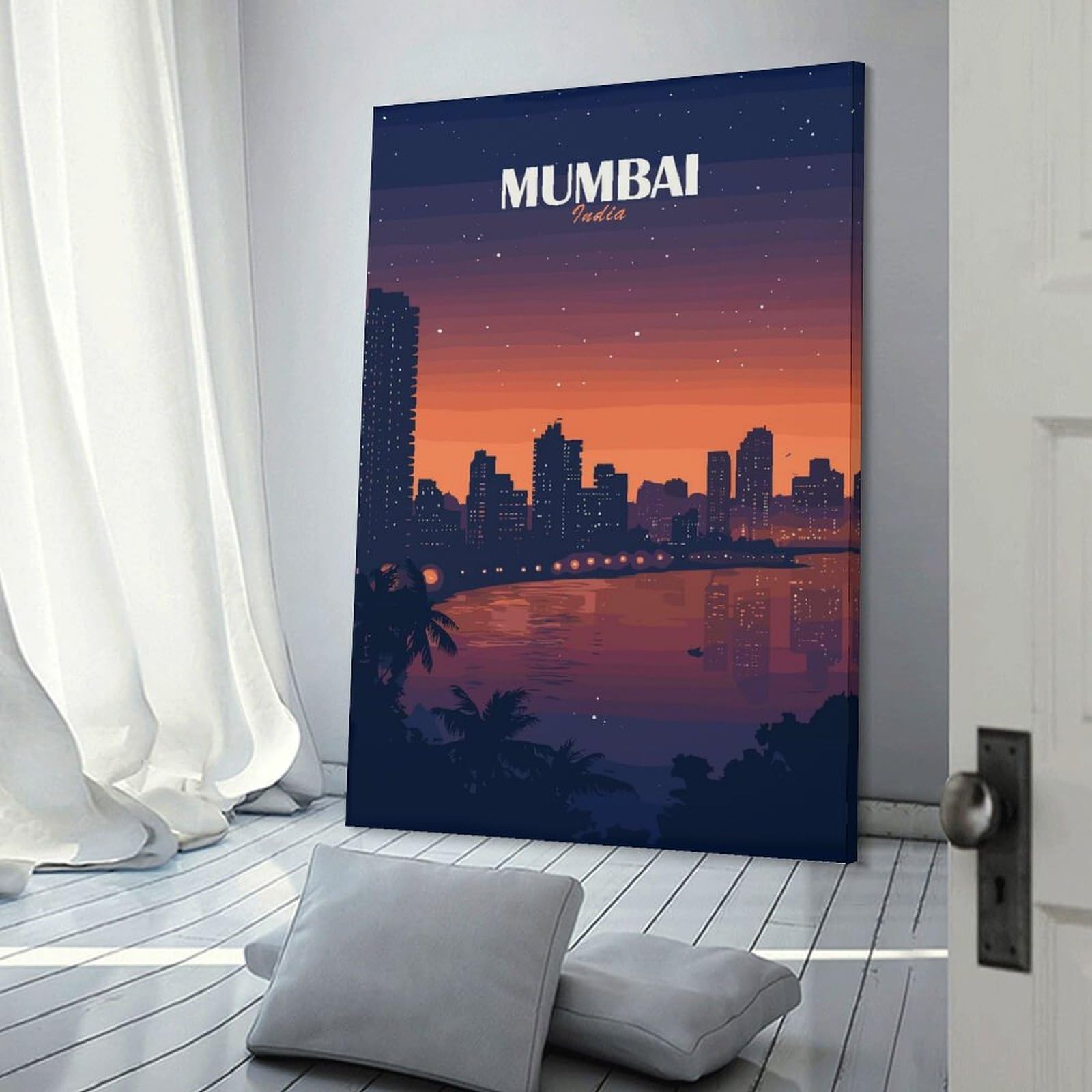 Junmoney Mumbai India Cityscape at Night Canvas Art Print, 24x36inch(60x90cm), for Living Room, Bedroom, Office Or Hallway, Decorative Artwork with Broad Appeal