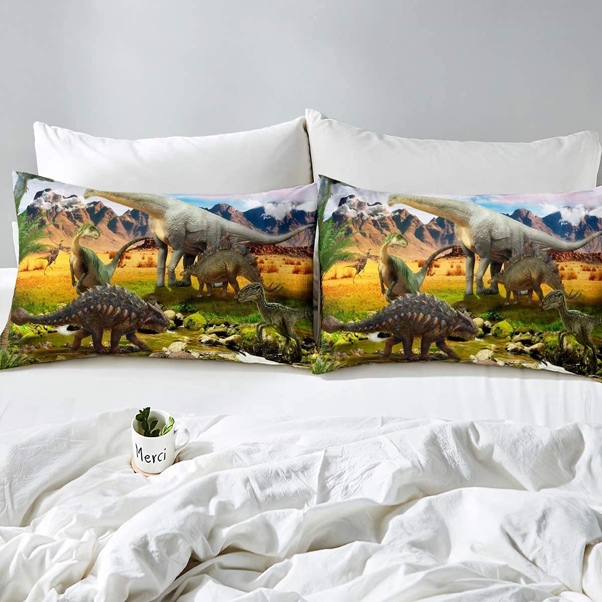 Loussiesd Set di biancheria da letto con dinosauro carino con stampa di dinosauro, set di lenzuola ragazzi,animali della giungla modello lenzuolo con angoli in fauna selvatica, da letto, 3 pezzi