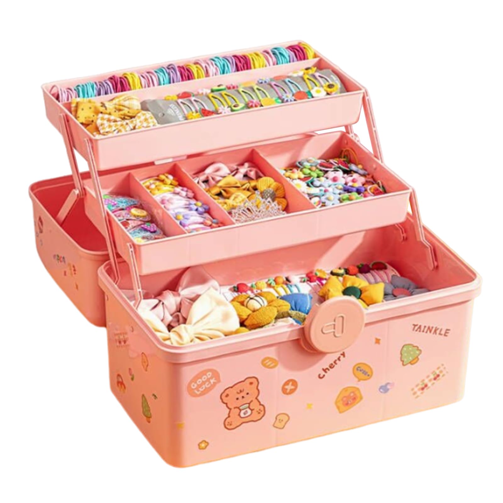 Hair Accessories Organizer for Girls Headbands, Clips, Ties,Baby Girl Supplies, Lockable Three-layer Folding Craft Organizers and Storage Plastic Kids Jewelry Box, Birthday Gifts for Little Girls