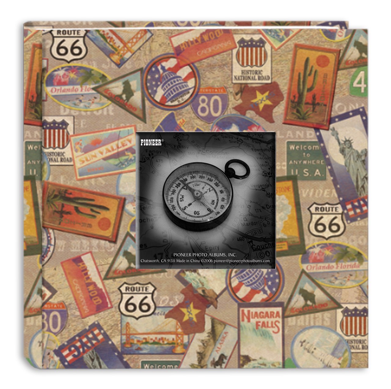 Pioneer Photo Albums DA-200MAP/TS 200-Pocket Photo Album with Printed Travel Design Cover, Travel Stickers, 4 x 6 Inch, Black