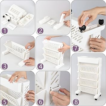 Plastic Rolling Bookshelf, 5-Tier Small Movable Bookcase with Wheels, White