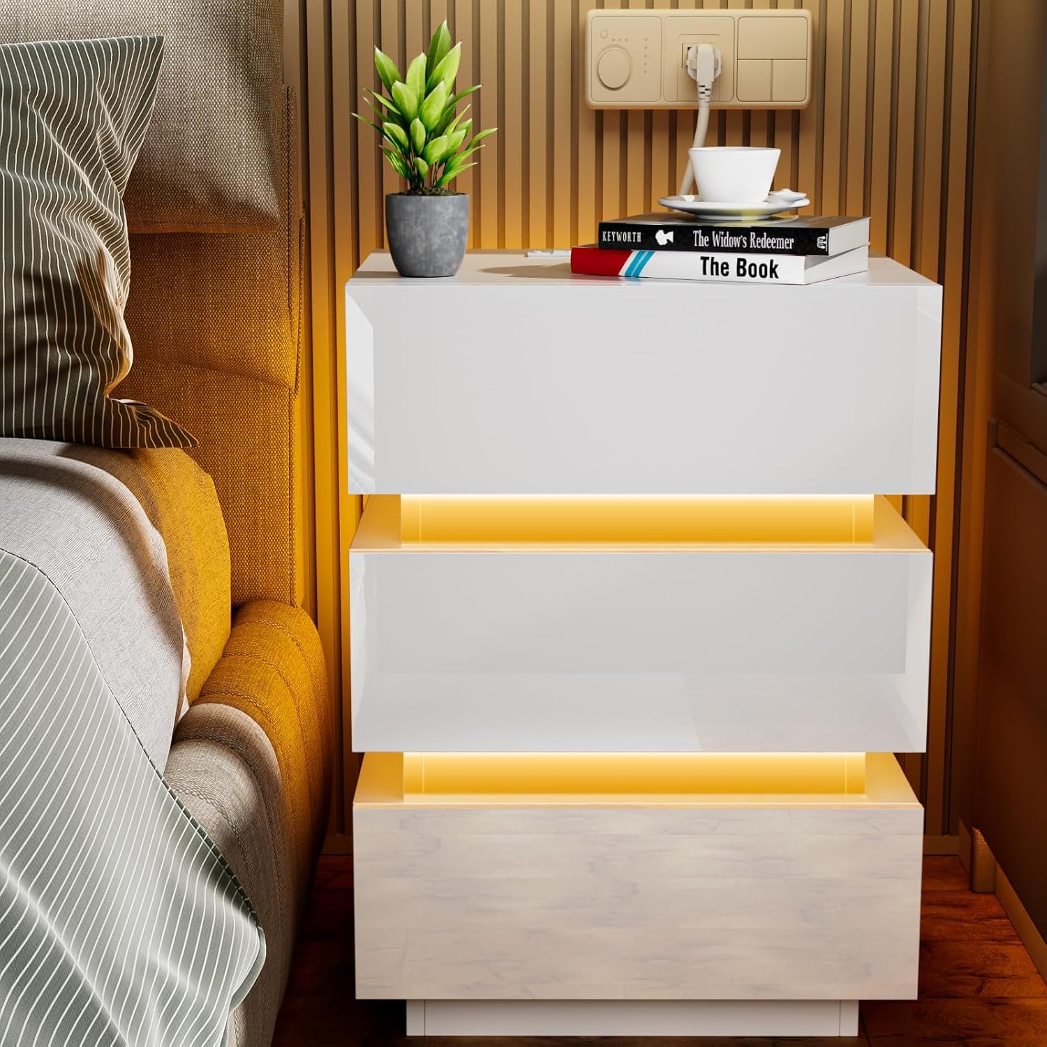 HaodaCulture Mesita de Noche Led, Mesitas de Noche Blancas, Mesa de Noche con estación de Carga, 3 cajones, 16 Colores, Armario de Cama, Estilo Moderno, para Dormitorio, salón 45x35x62cm