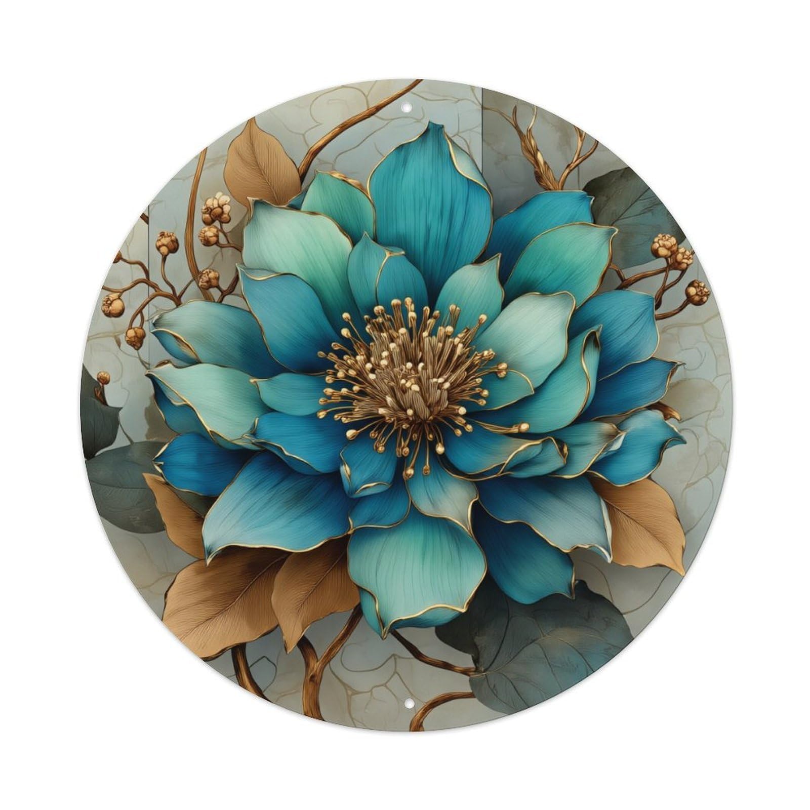 Blue Flower Golden Center Leaves Round Tin Sign Retro Metal Sign for Cafe Bar Pub Home Game Room Gym Club Wall Decoration Vintage Metal Poster 8x8 Inch