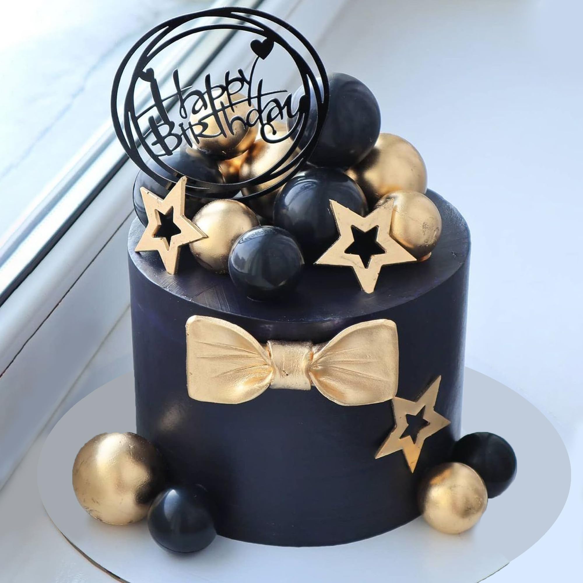 Décoration Gâteau Anniversaire - 10 Nœuds Noirs En Satin + Plaque "Joyeux Anniversaire" Acrylique - Pour Mariage, Fête