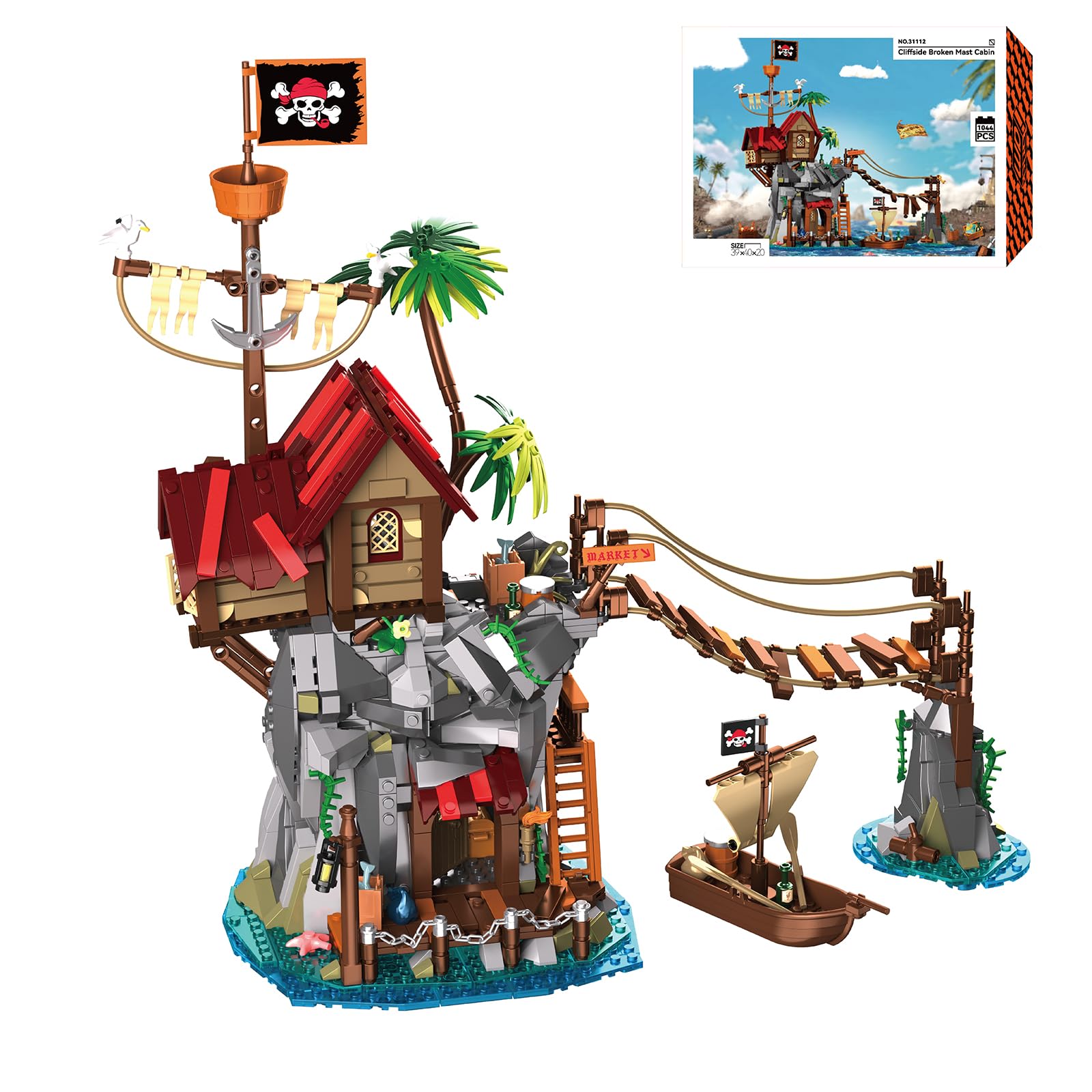 Piratenbucht Kliffhütte Mittelalter Klemmbausteine Haus, Cliffside Broken Mast Cabin Bausatz Modular Building für Erwachsene (1044 Teile)