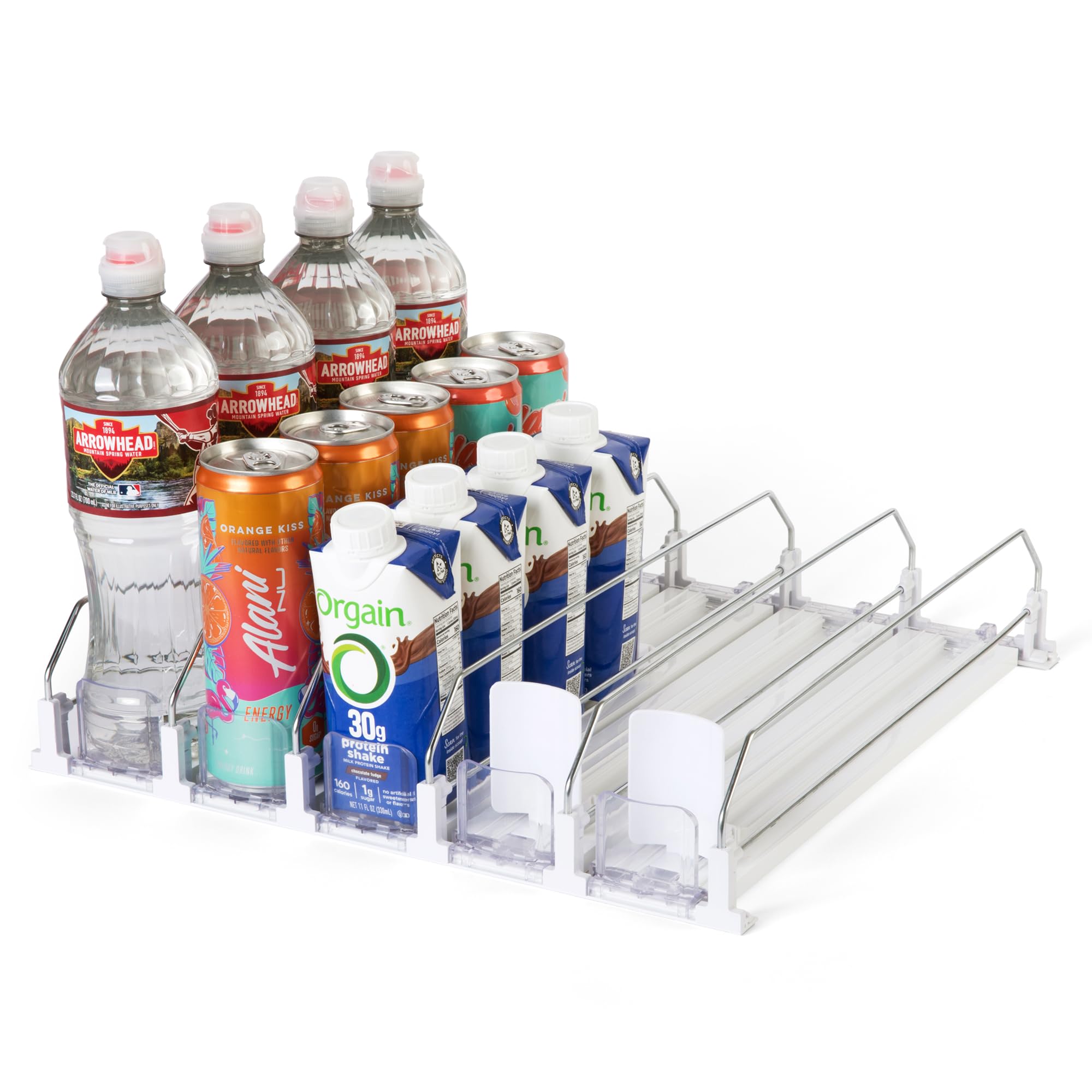 Hodge Home Essentials White Spring-Loaded Drink Dispenser for Fridge – Automatic Beverage Pusher Organizer for Cans & Bottles – Self-Facing