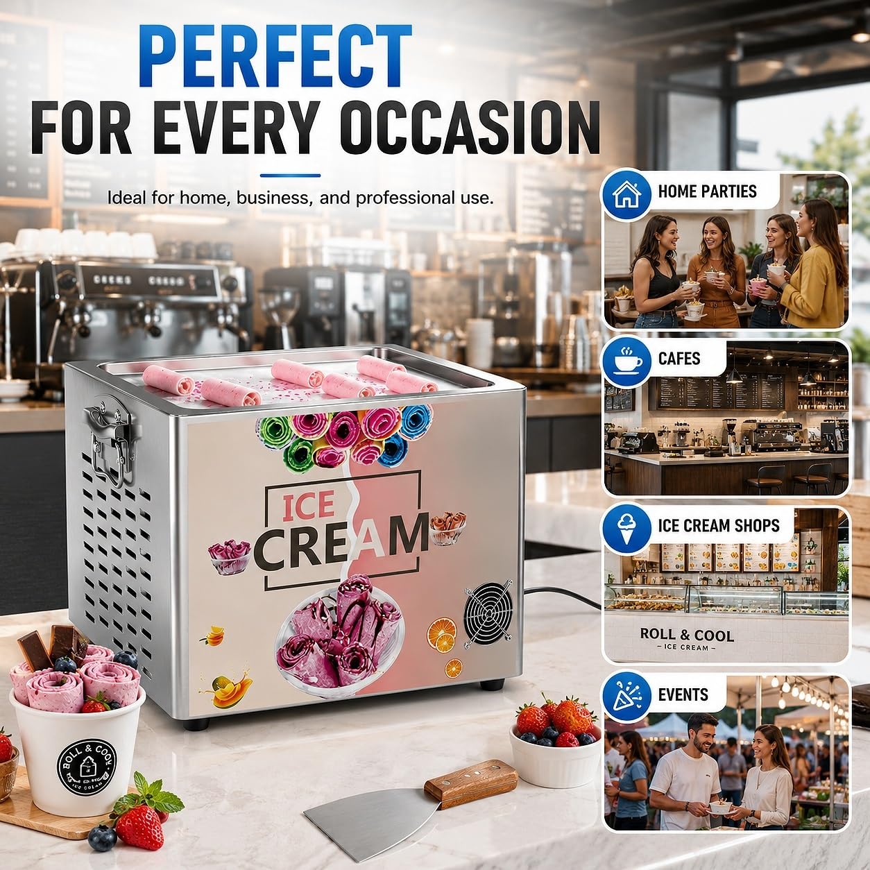 Gelatiera elettrica per gelato arrotolato, macchina professionale da banco in acciaio inox, piastra fredda con 2 raschietti per caffè e piccole imprese fai da te