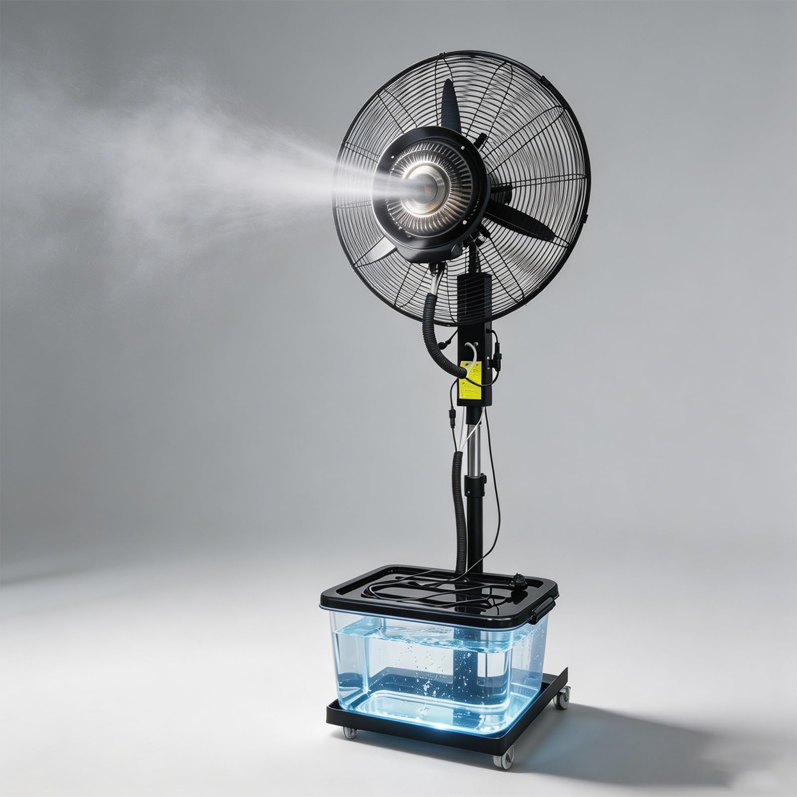 Ventilador Nebulizador de Pie 40L, Ventilador Industrial con Ruedas, Oscilación 80°, Inclinación 15°, 3 Velocidades, Alto Caudal para Terraza Exterior Patio Restaurante, Grandes Espacios