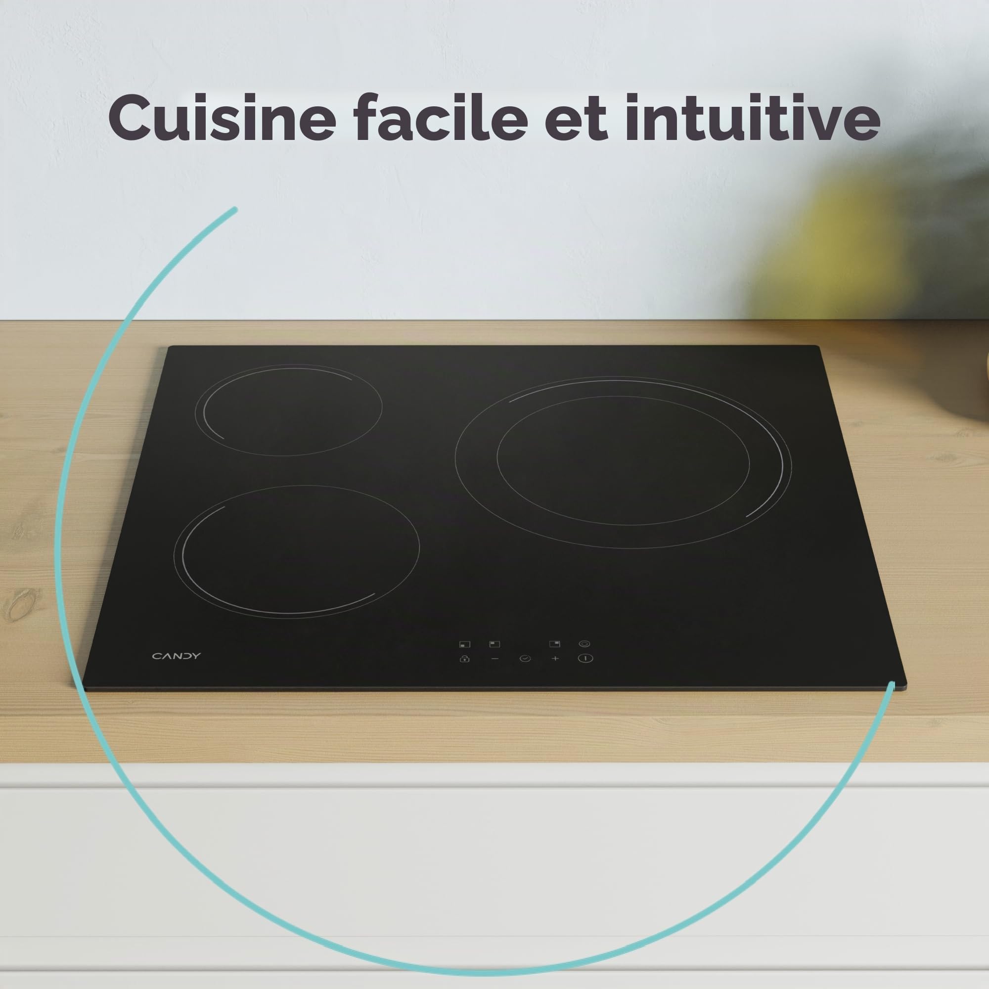 Candy CH63DCC Plaque vitrocéramique 60 cm, 3 zones de cuisson, double zone poêle à paella de 30 cm, contrôle tactile, 9 niveaux de puissance, système de sécurité, noir