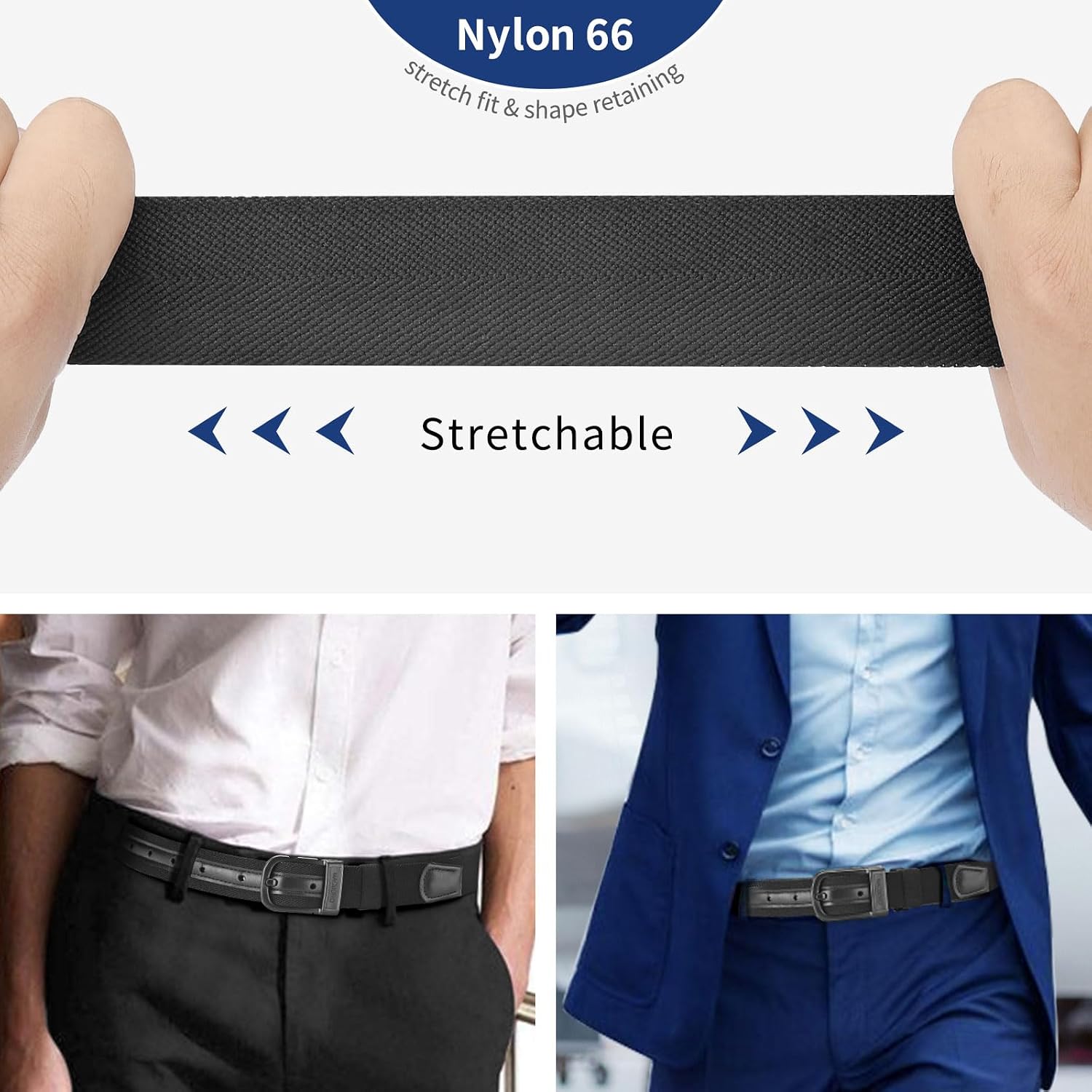 Stretch Golf Belt for Men – TSA Approved, Hypoallergenic, Non-Metal, Black Nylon with Leather Tab 1.38"