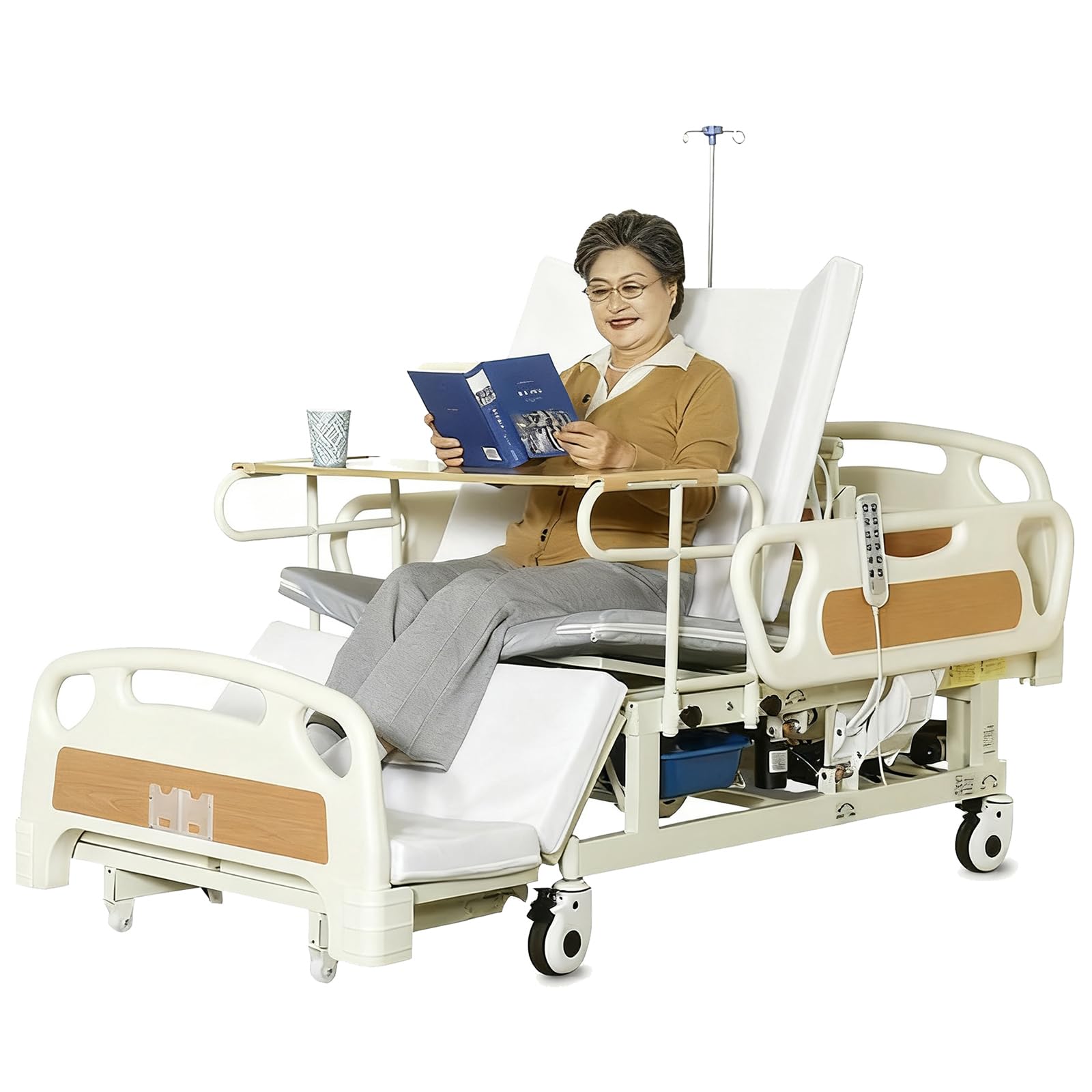 Cama de Hospital Eléctrica Premium para Uso Doméstico, 10 Funciones con Inclinación Lateral, Ruedas Giratorias Bloqueables de 5", Capacidad de 250 kg, Incluye Portasueros y Mesa para Alimentación
