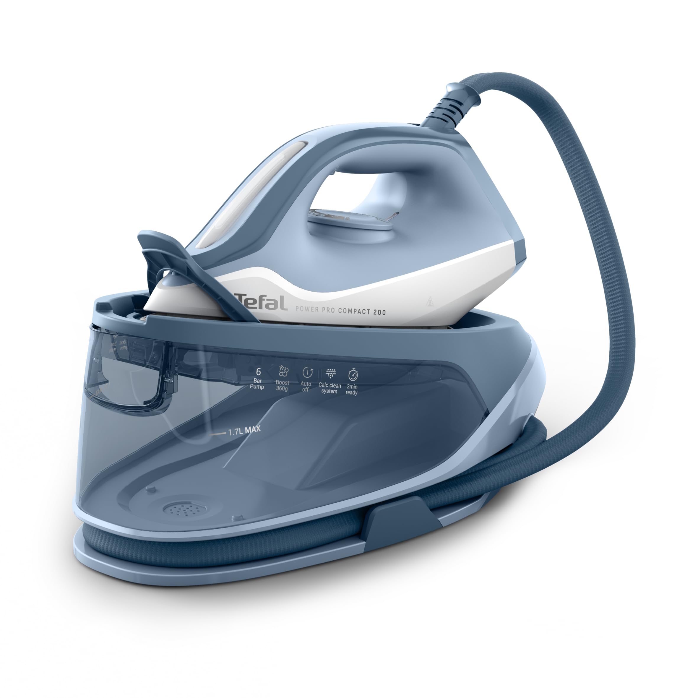 Tefal SV6210 Power Pro Compact 200 stacja parowa, 2400 W, lekka i kompaktowa, para 120 g/min, uderzenie pary 360 g/min, zbiornik na wodę 1,7 l, ceramiczna stopa, powłoka antywapienna, niebieski