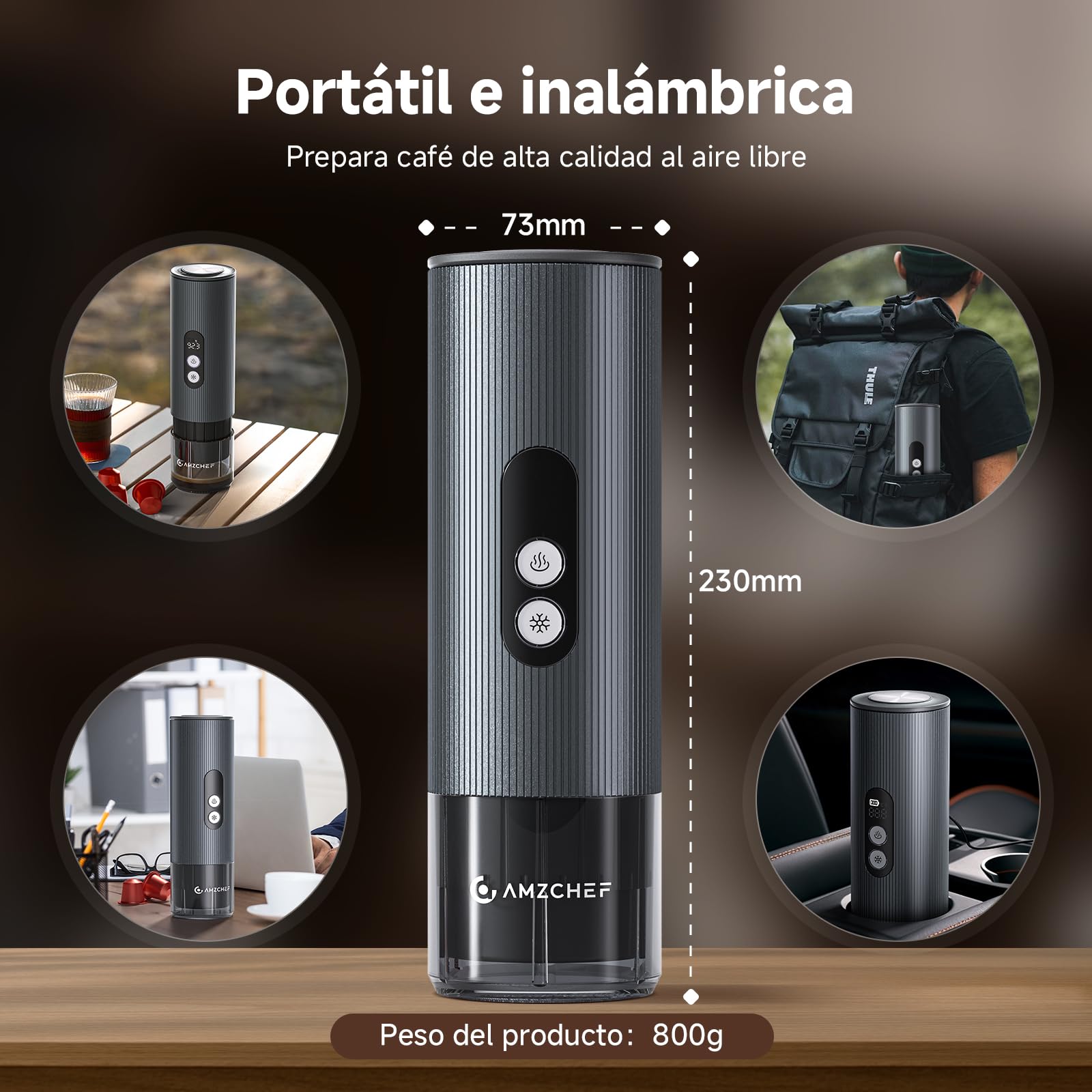 AMZCHEF Cafetera de café portátil con batería de 20 bares con USB-C y pantalla digital – Compatible con cápsulas y café en polvo – Cafetera para llevar para viajes, camping, aluminio