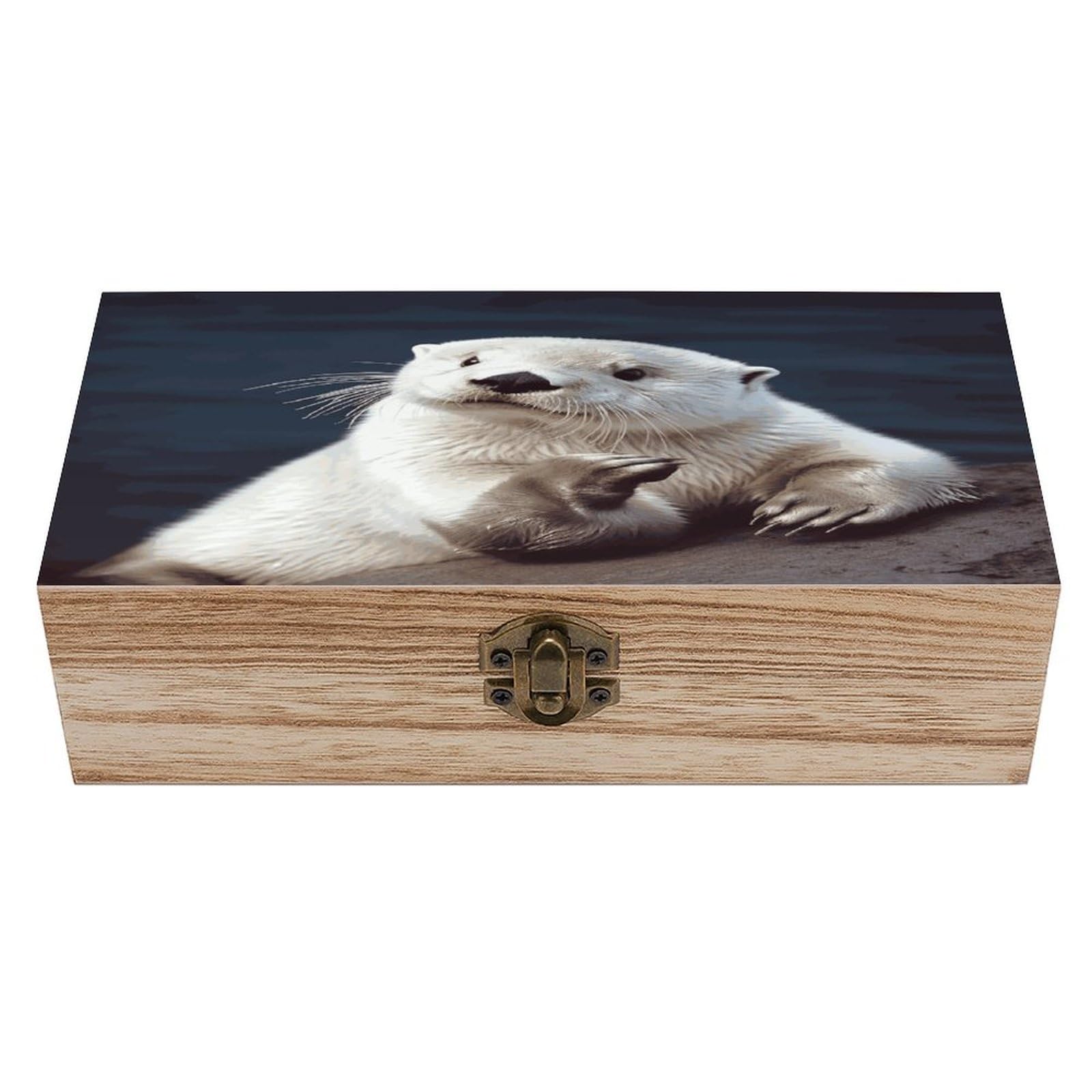 JTREHY White Otter Wooden Keepsake Box Vintage-Style Wood Keepsake Case with Hinged Lid Solid Wood Boxes Beautifully Memory Treasure Case Vintage-Style Wooden Storage Box