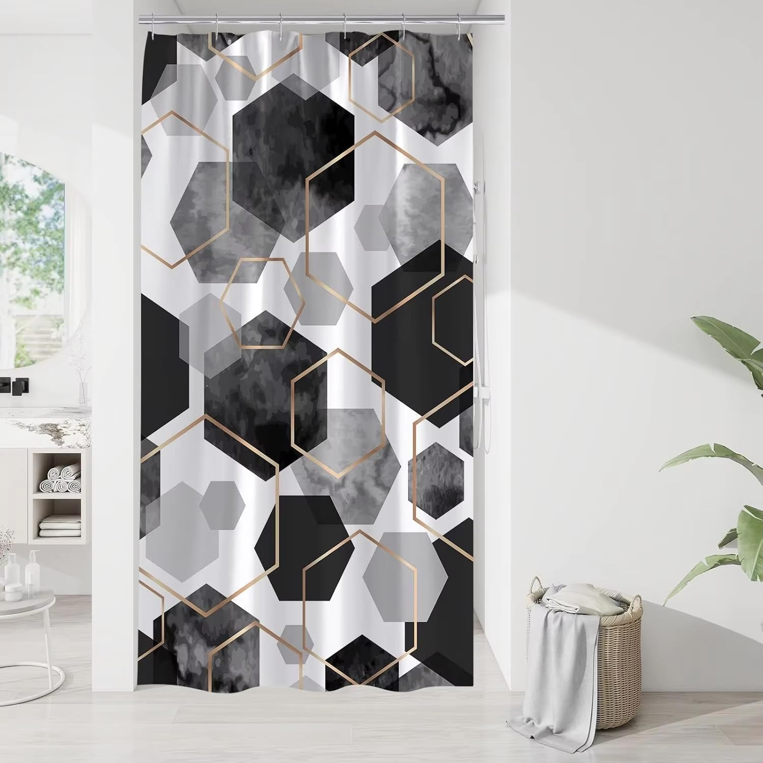 KELAIMI Geometric Shower Curtains,Gold Geometric Modern Luxury Polyester Bathroom Curtain - Waterproof Fabric Bathtub Curtain with Hooks Black 180X180Cm