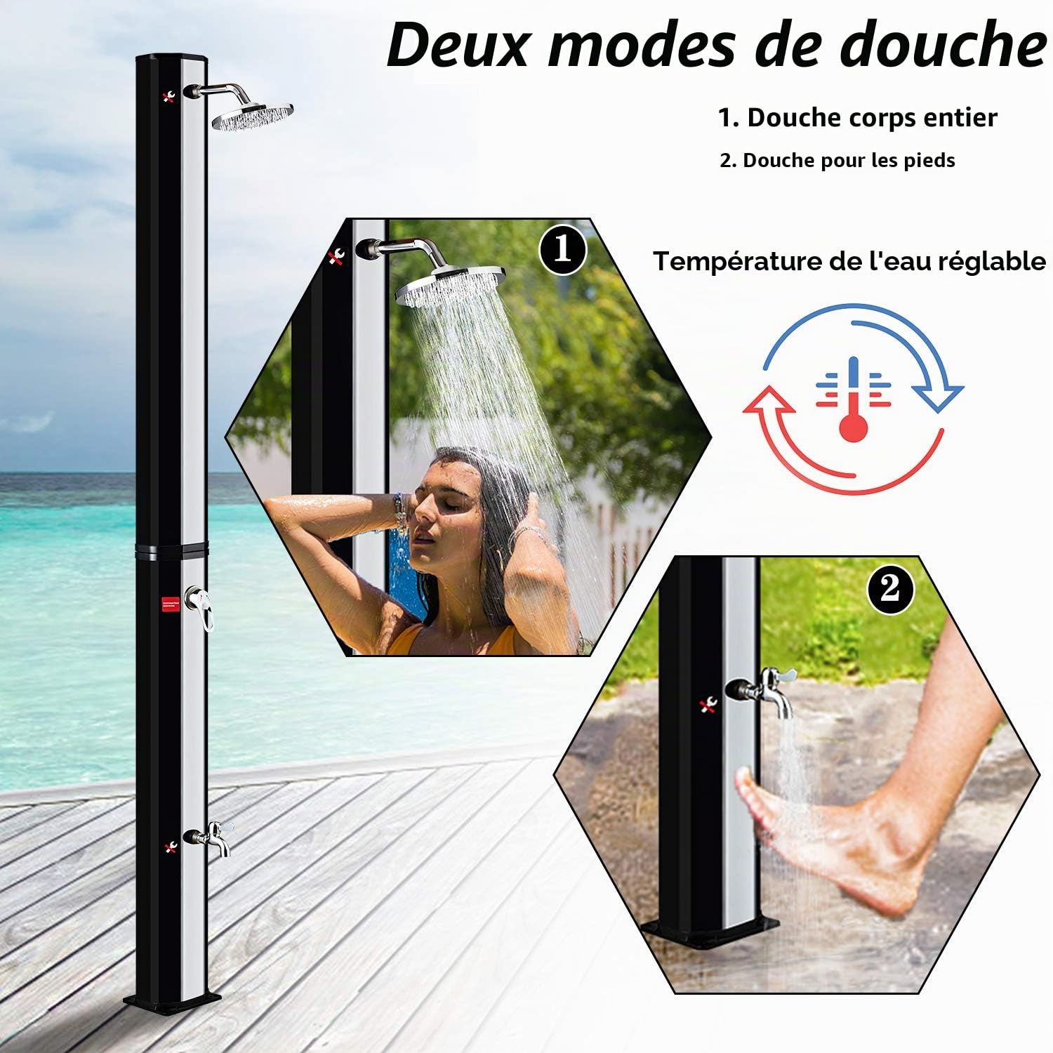 LZQ Douche Solaire 35 l - Douche Solaire - Douche de Jardin - Douche de Piscine extérieure - Eau Chaude Max. 60 °C - avec pommeau de Douche et Robinet - Douche sans Alimentation - Argenté/Noir