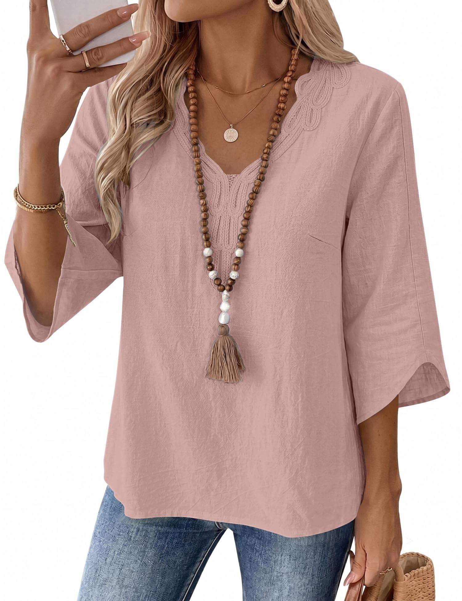 LOMON Linen Tops for Women 3/4 Sleeve Tops V Neck Lace T Shirts Red XL