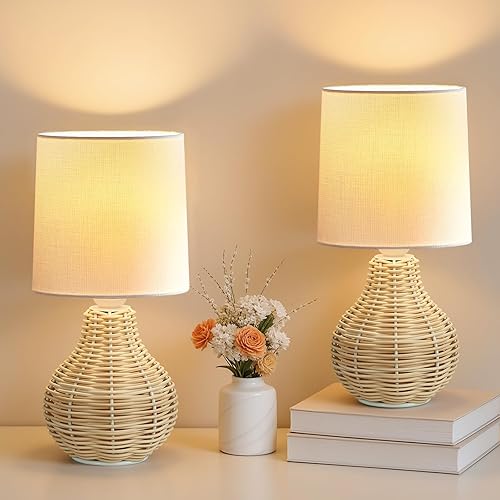 Miniatura 12 de Juego de 2 lámparas de ratán estilo bohemio para mesa de granja - 34.9 cm Mini lámpara de mesa rústica para espacios pequeños, lámpara de mesita de