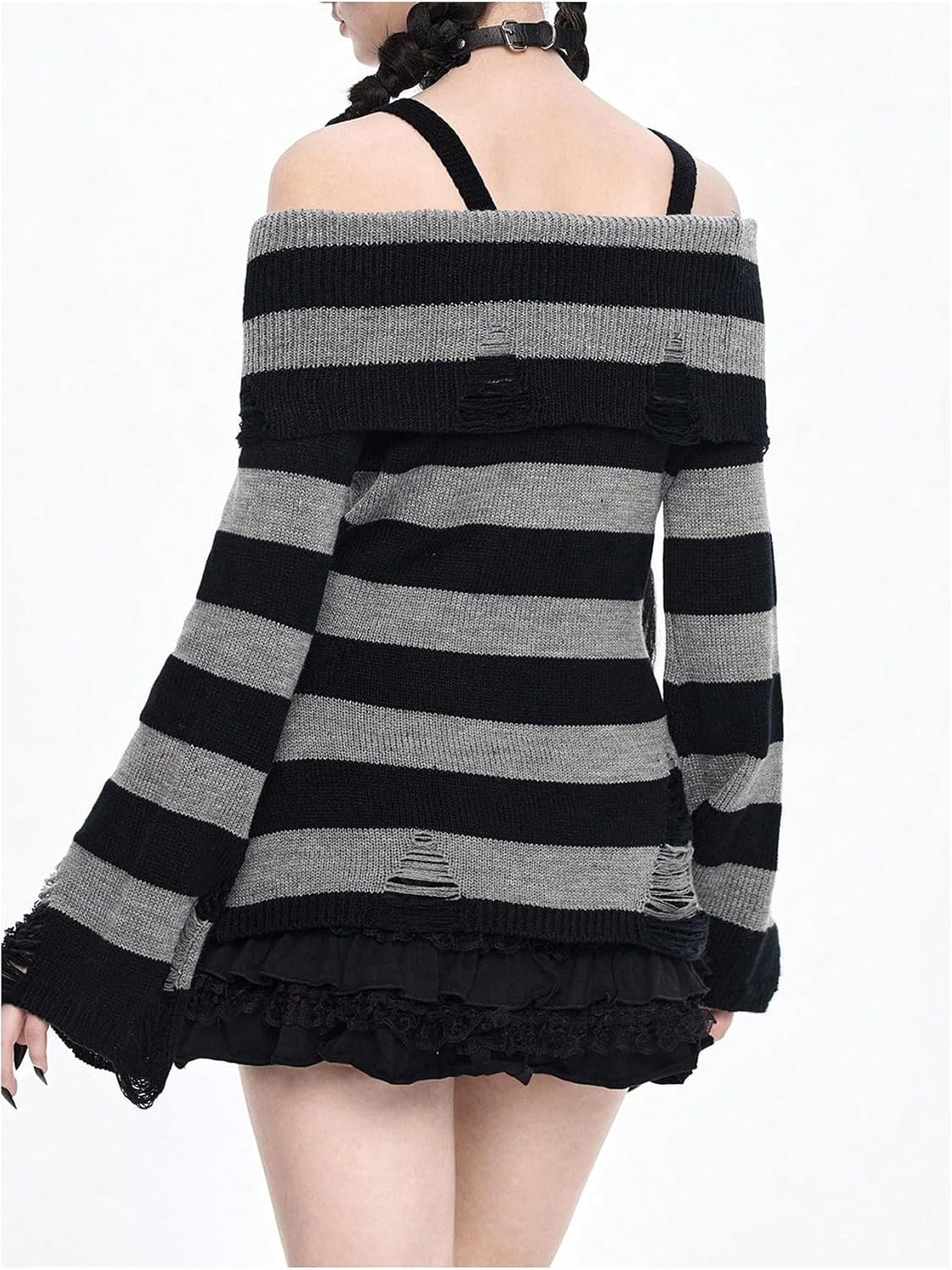 Floerns Women's Gothic Striped Sweater Tops Ripped Cold Shoulder Long Sleeve Punk Rock Going Out Tops