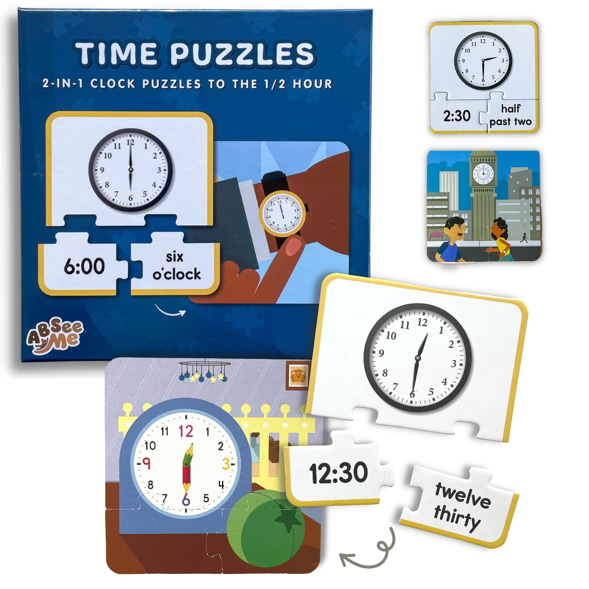 ABSee Me Time Puzzles - 45 PCS Reversible Classroom Clock Puzzles to Learn How to Tell Time to The Half Hour - Teaching Clock Learning for Kids - Telling Time Clock - Kids Clock Learning to Tell Time