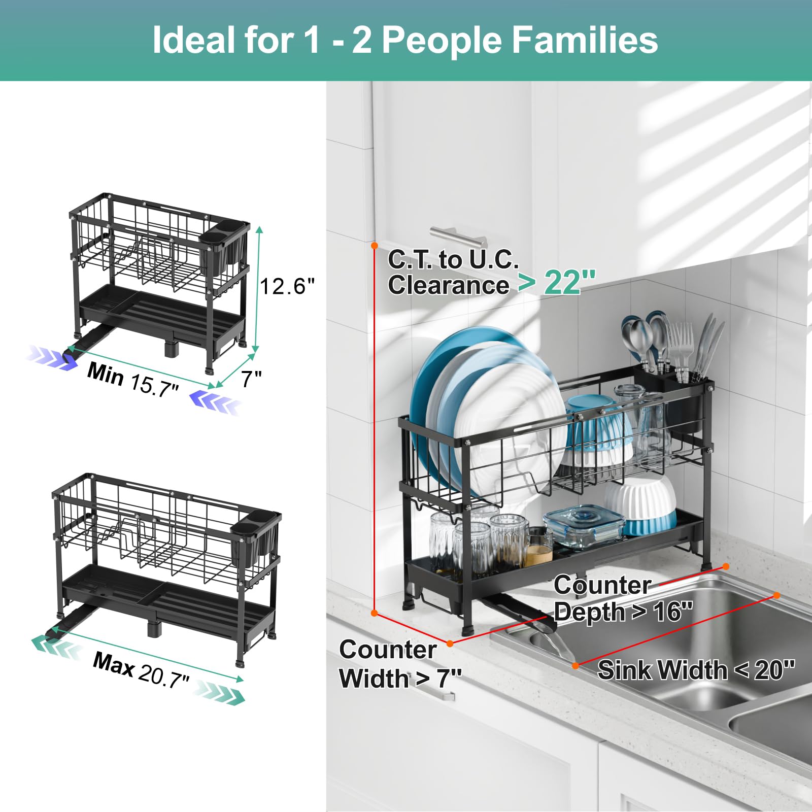GSlife Escurreplatos estrecho – Escurreplatos pequeño expandible para encimera de cocina, 2 niveles de capacidad ajustable (15.7 a 20.7 pulgadas de largo) escurridor de platos con soporte extraíble