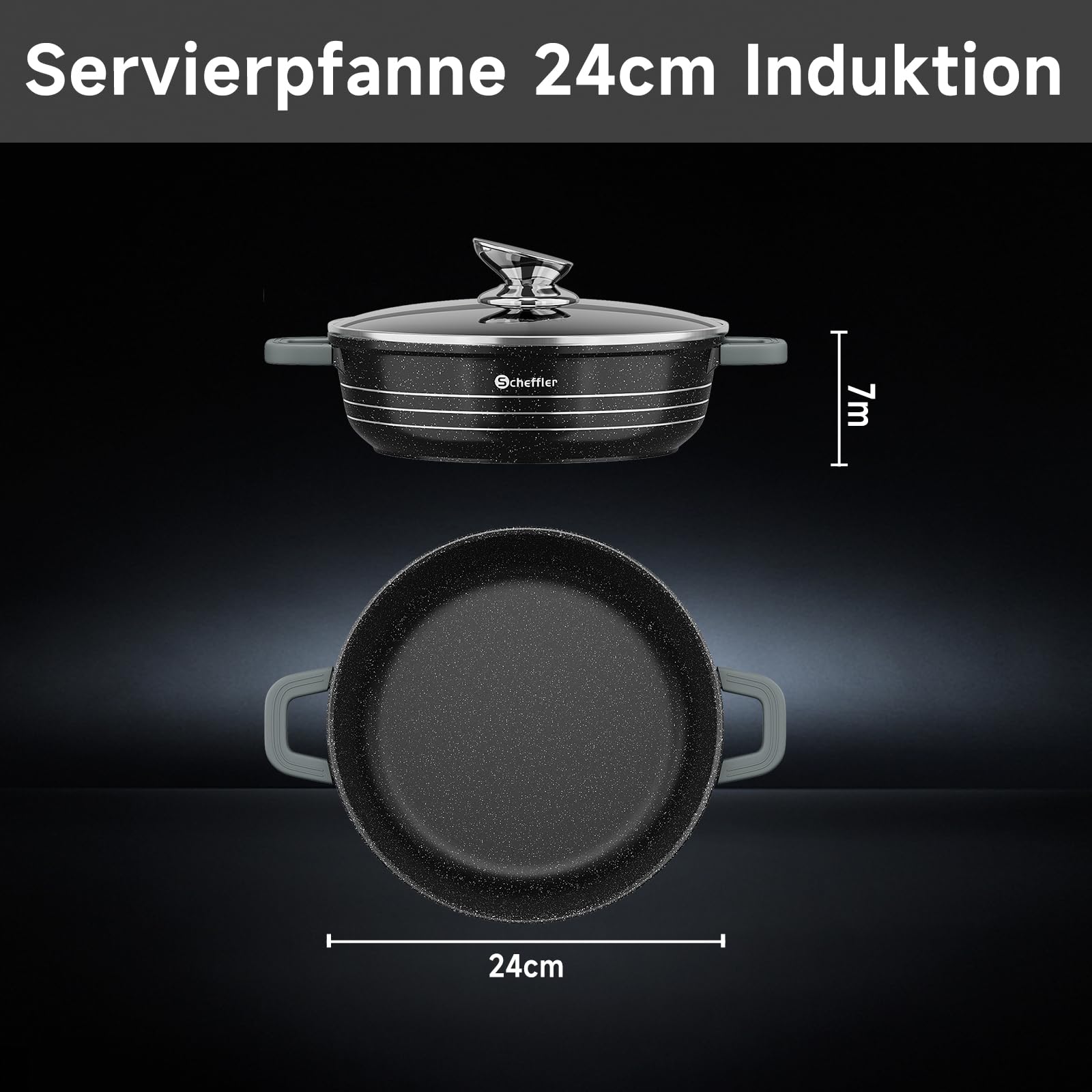 Scheffler Sartén para servir de inducción, 24 x 7 cm, de aluminio fundido, sartén con revestimiento antiadherente de mármol, tapa de cristal, mango de silicona