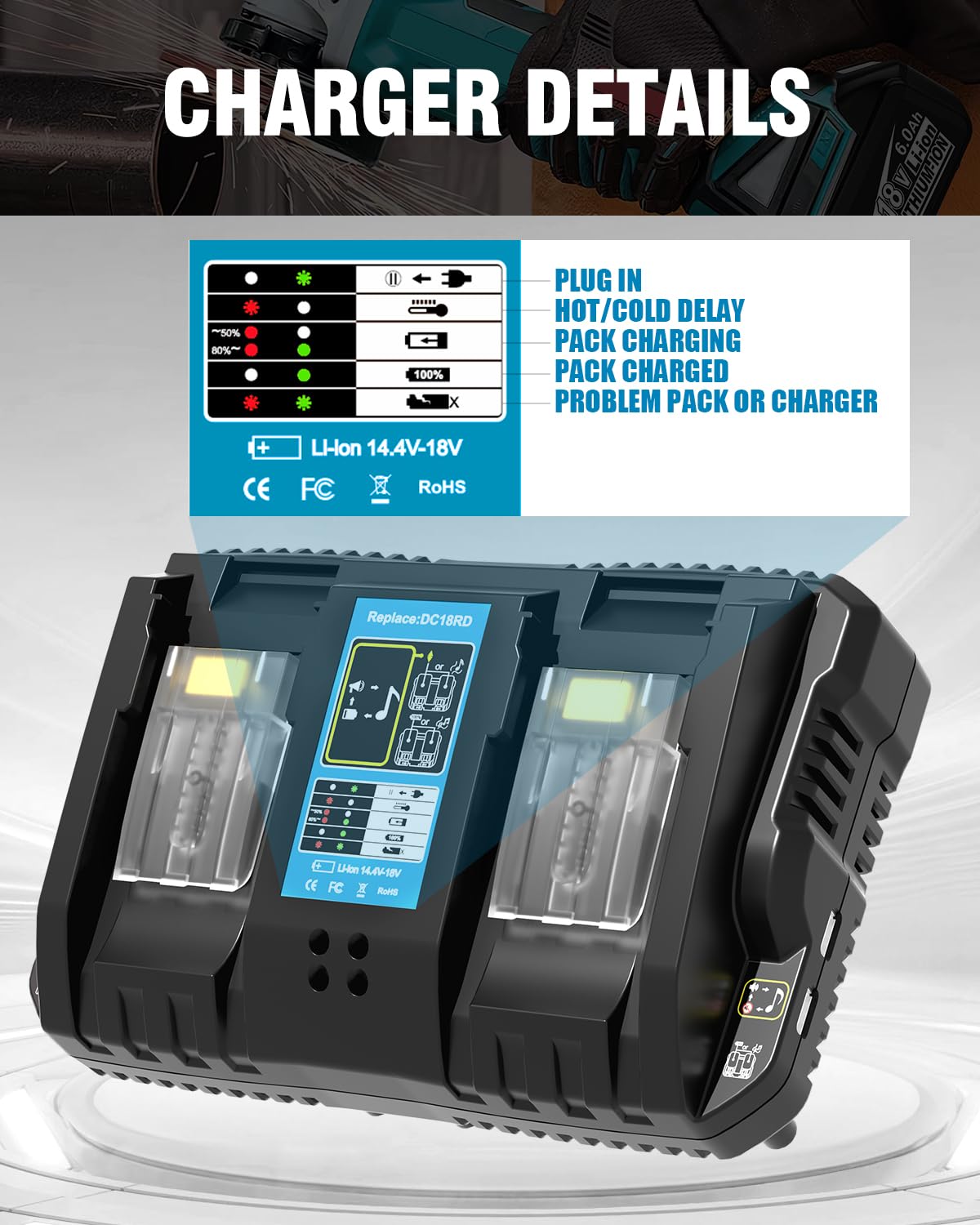 Paquete de 2 baterías y cargador de 6,0 Ah 18 V de repuesto para batería y cargador Makita de 18 V compatibles con baterías de iones de litio de 18 voltios de Makita, herramientas eléctricas
