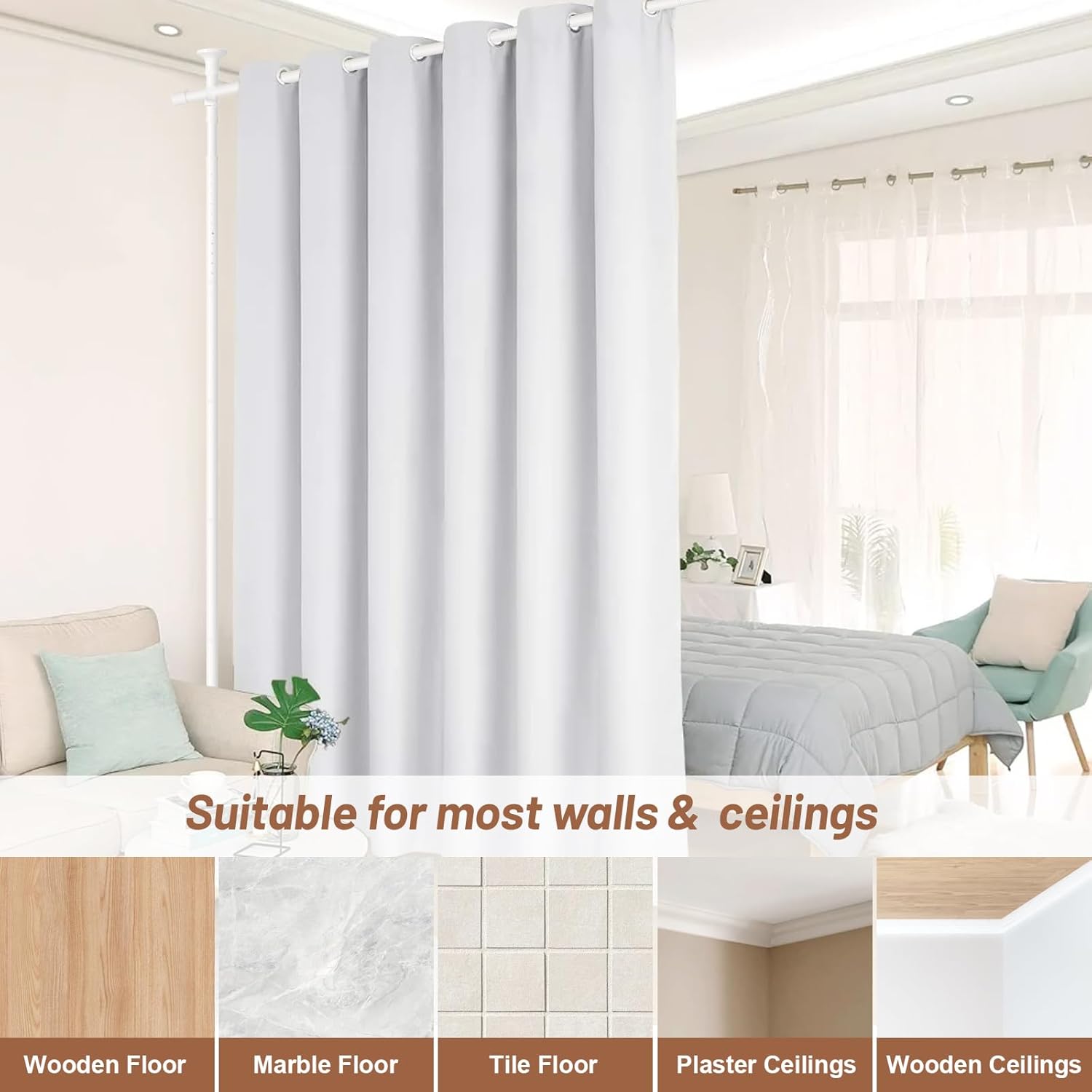 Room Divider Curtain Rod, No Drilling curtain divider for Room Separation, 48 to 72inches(W) 4-10ft (H) Adjustable hanging Room Divider Rod Stand, Floor to Ceiling Room Curtain Divider White