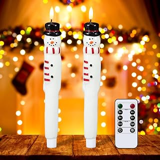 Wondise Christmas Flameless Candles with Remote and Timer, Snowman Battery Operated Real Wax 3D Wick Flameless Flickering Taper Candles for Christmas Holiday Decor (2pcs 0.79" x 11.4")