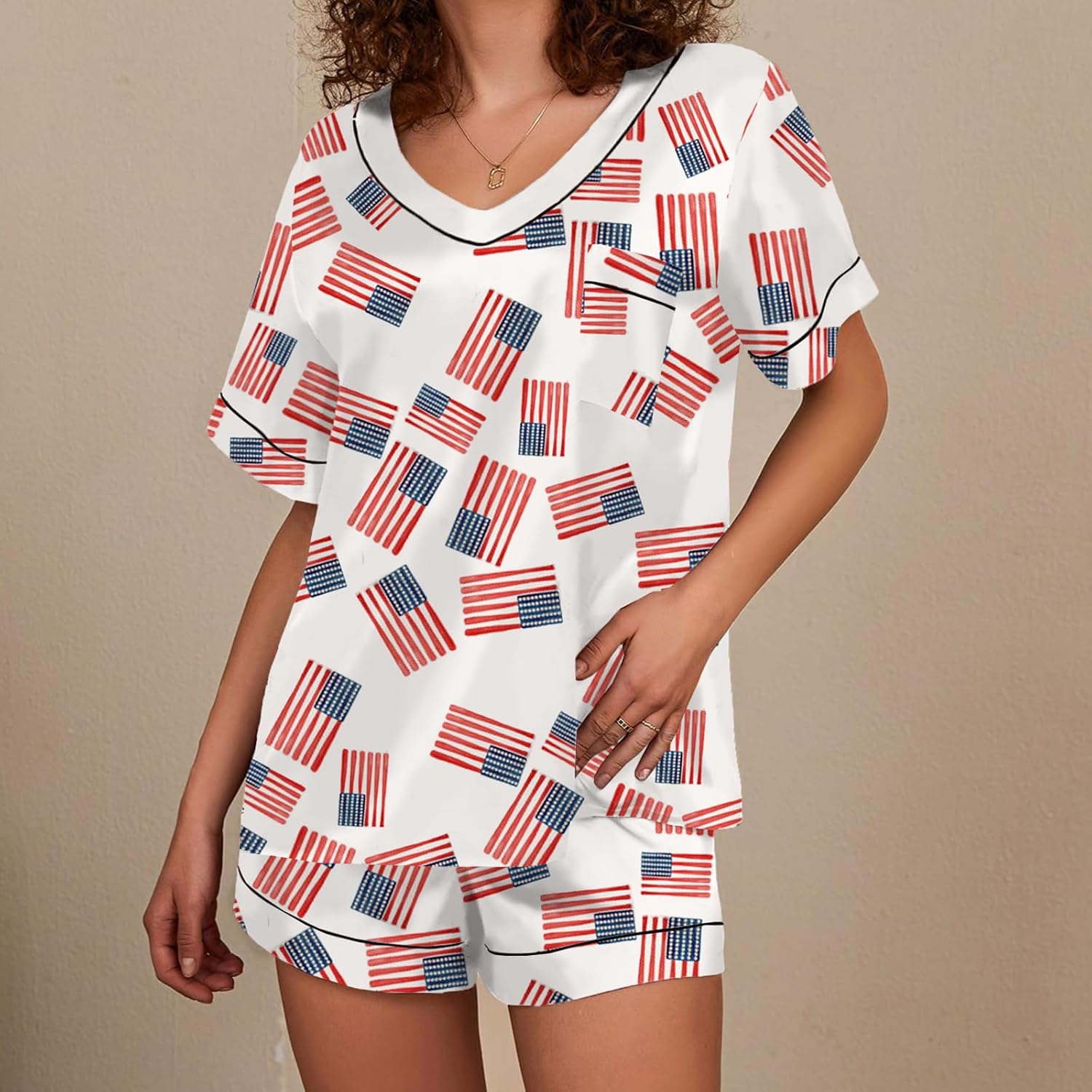 Women Hearts Pajama Sets Satin Short-Sleeve Top and Shorts Set 2 Piece Loungewear Sleepwear - Image 3