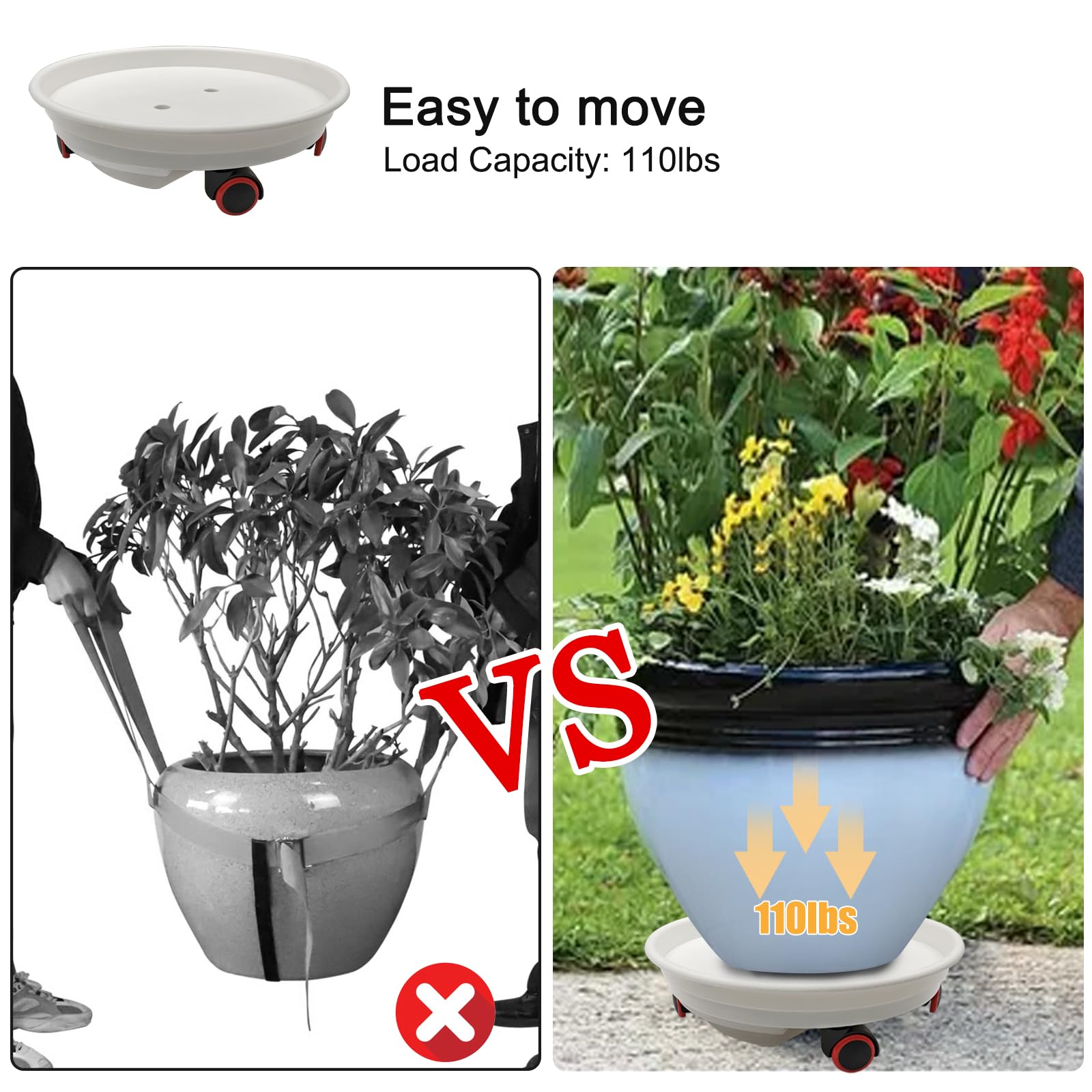 LYFJXX 2 Packs Plant Caddy with Wheels, Loading Capacity 80 lbs, 30cm Plant Stand Heavy Duty Plant Dolly with Water Container(White) - Image 3