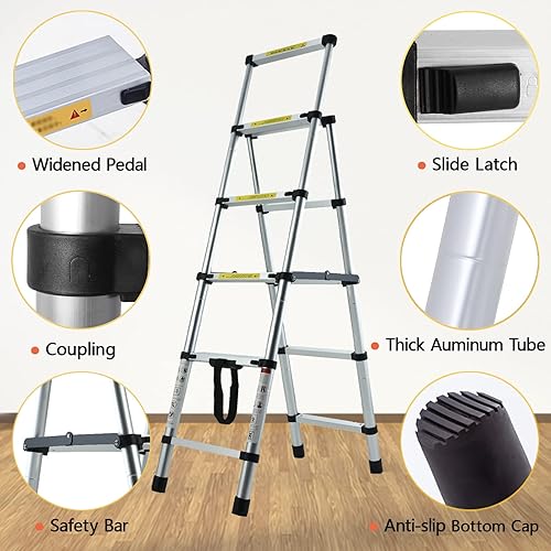 Miniatura 123 de Escalera telescópica de aluminio de 12.5 pies, escalera extensible con 2 ganchos desmontables, diseño de bloqueo de seguridad portátil y ligero
