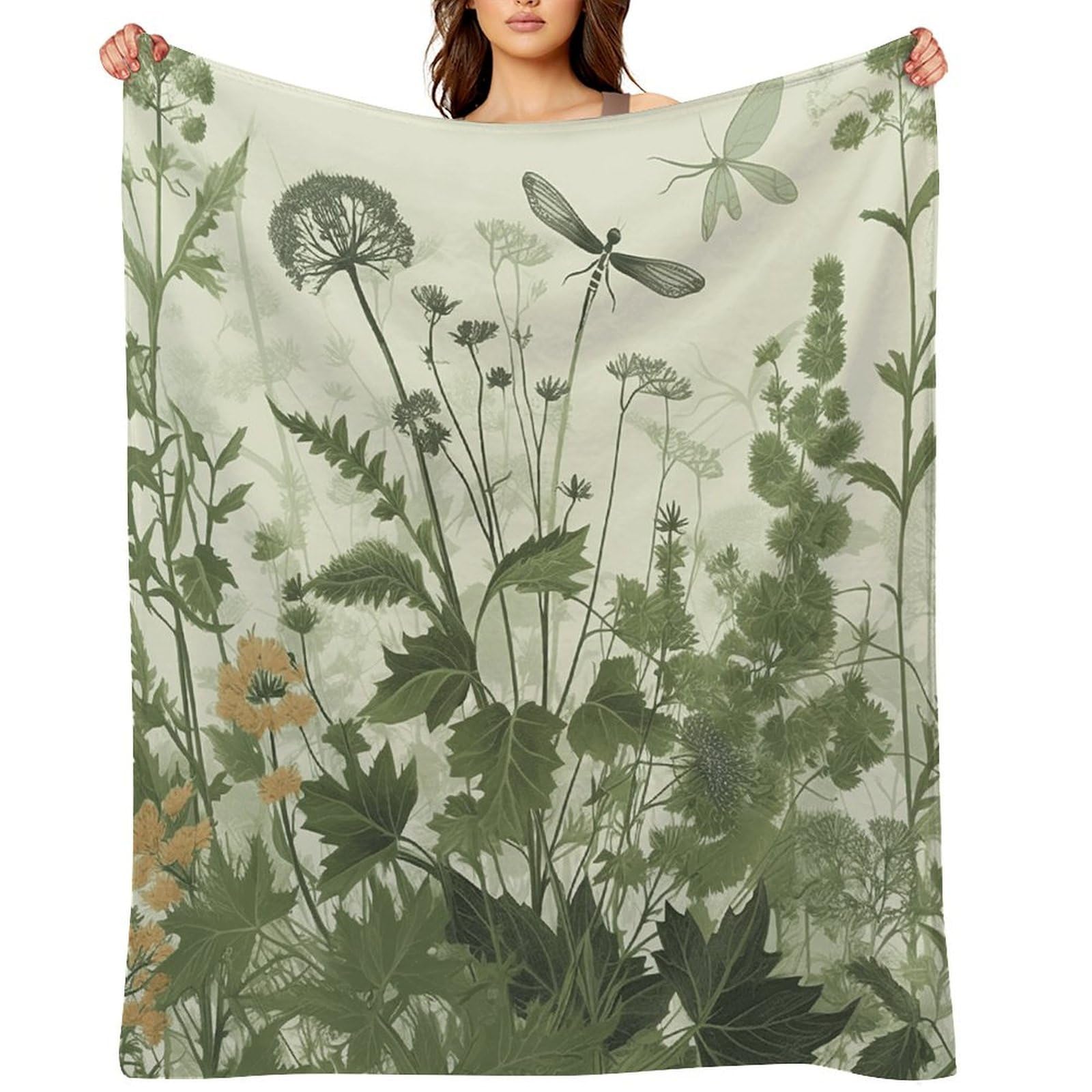 Foliage and Herbs with Dragonflies Winged Throw Blanket for Couch and Bed Super Soft Warm Lightweight Throw Blankets Cozy Fuzzy Flannel Blanket Personalized Decorative Blankets for Sofa Decor 40"x50"