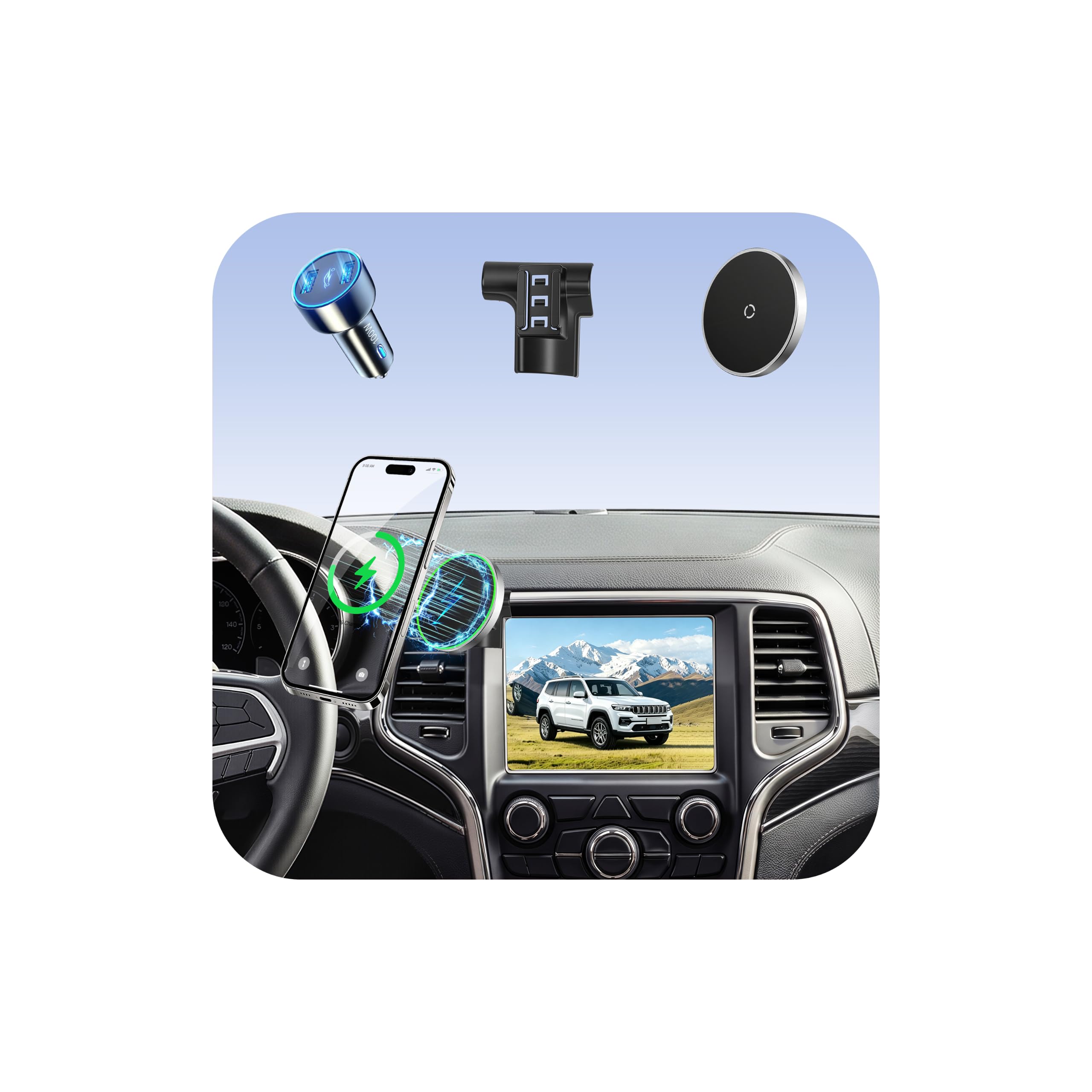 Supporto per telefono per Jeep Grand Cherokee (2014-2017 2018), supporto magnetico per telefono, caricatore per auto Magsafe, supporto per telefono da cruscotto, ricarica rapida wireless da 15 W per