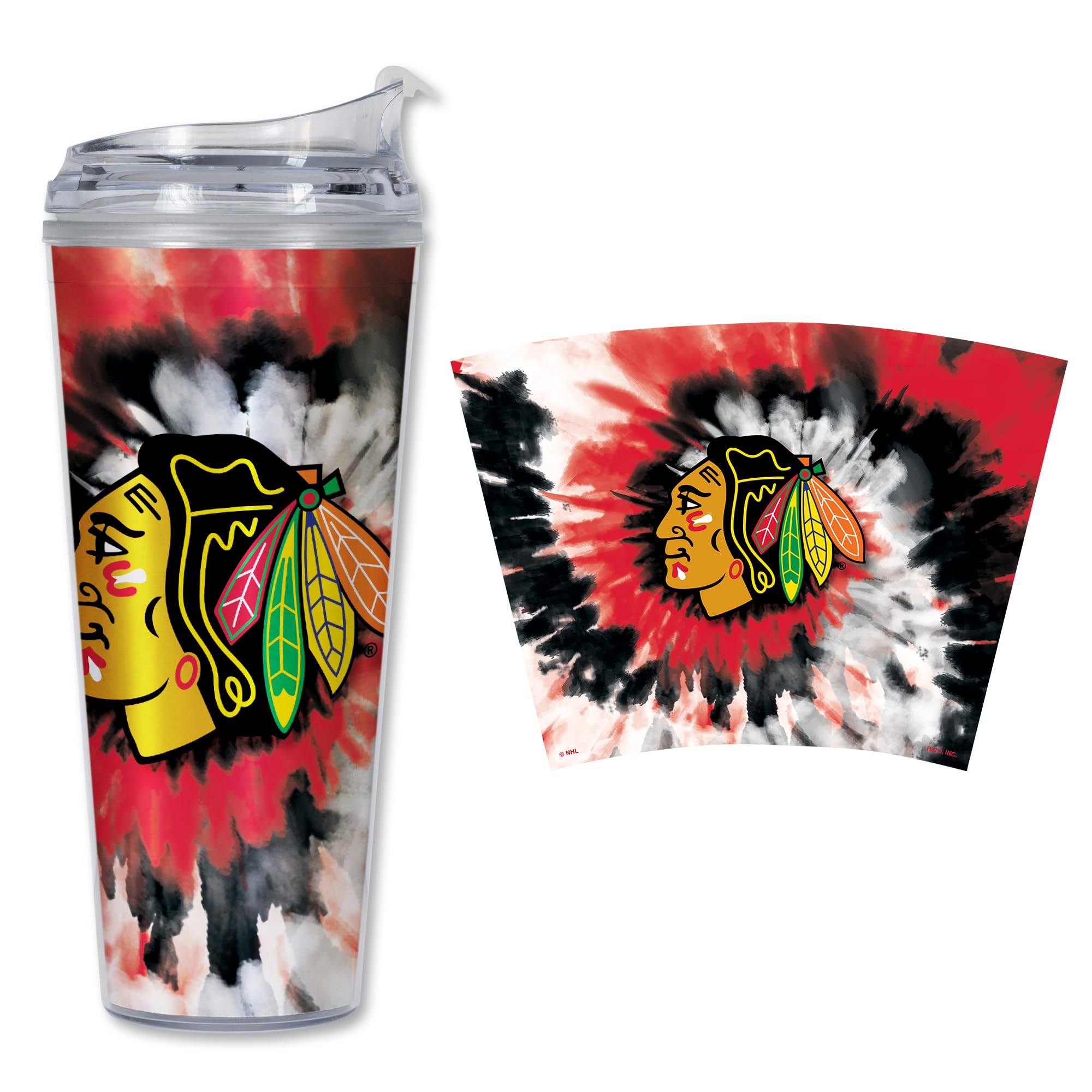Rico Industries NHL Hockey Team Color Tie Dye 24oz Metallic Acrylic Tumbler with Hinged Lid, Officially Licensed Double Wall Tumbler with Straw