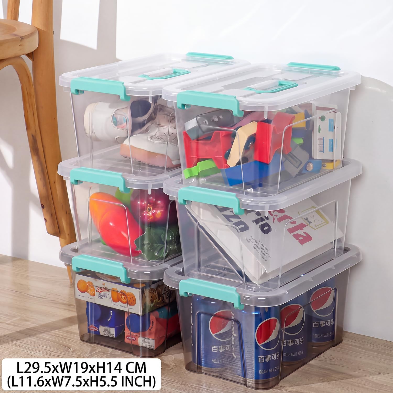 AREYZIN 7Qt Storage Bins with Lids,6-Pack Clear Stackable storage containers with lids Buckle Latches.Perfect for LEGO, Crafts, Office Supplies, and Dorm Room Organization,Clear Teal