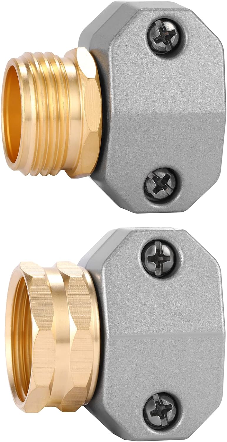 Sanpaint Zinc Aluminum Male Female Garden Hose Repair Fitting, Fits 5/8" & 3/4" Hoses, 2 Pack Couplings with Clamps
