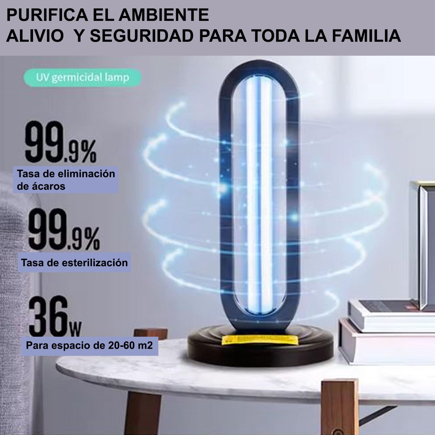 AULASERVICE Lámpara de Luz Ultravioleta UV para estancias de 40 a 80 m2, 38W, 220V, 50 Hz, 5000horas, Purificador de aire, Lampara uv, Generador ozono, Lámpara germicida