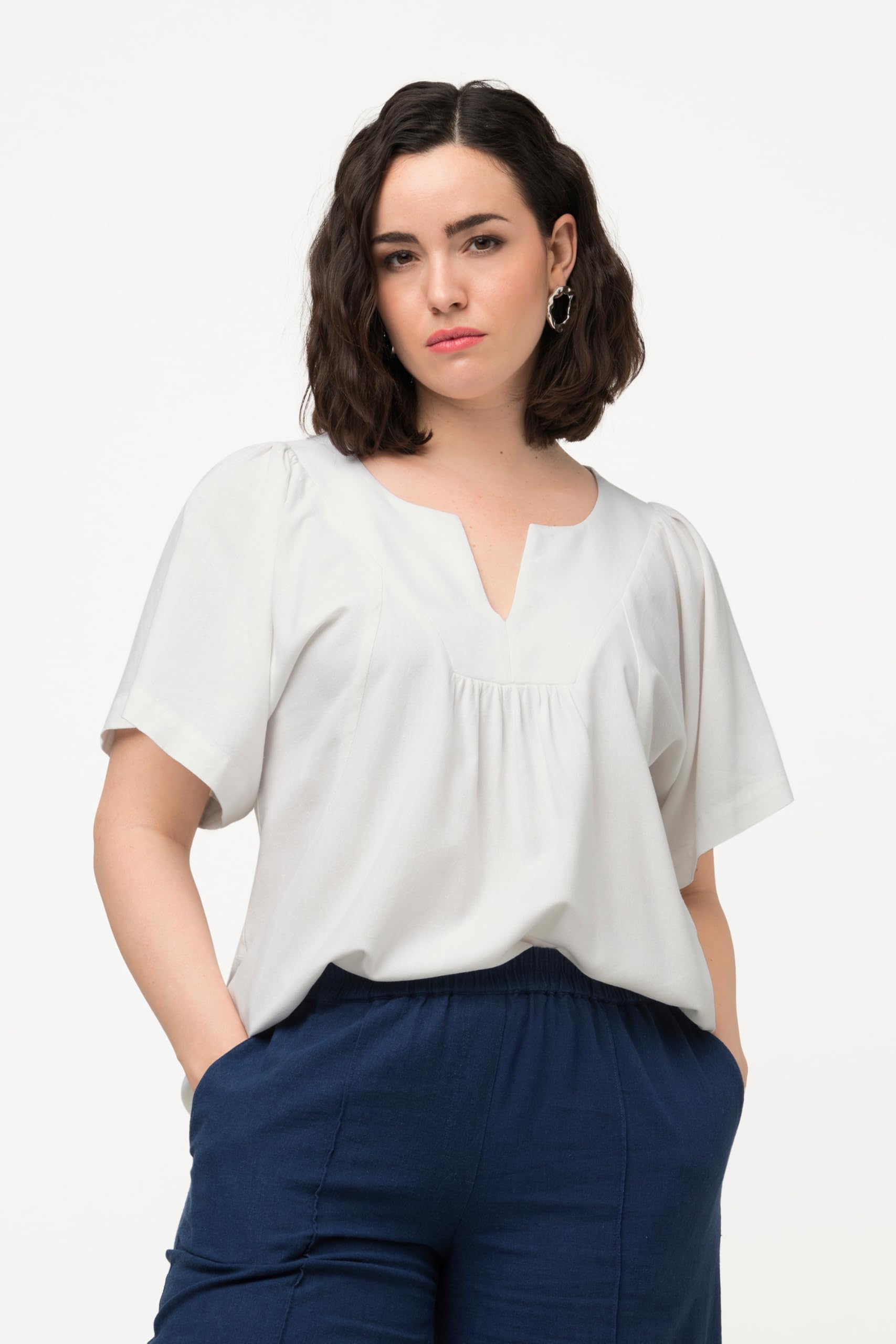Ulla Popken, Leinenmix, A-Linie, Tunika-Ausschnitt, Halbarm Blouse Femme
